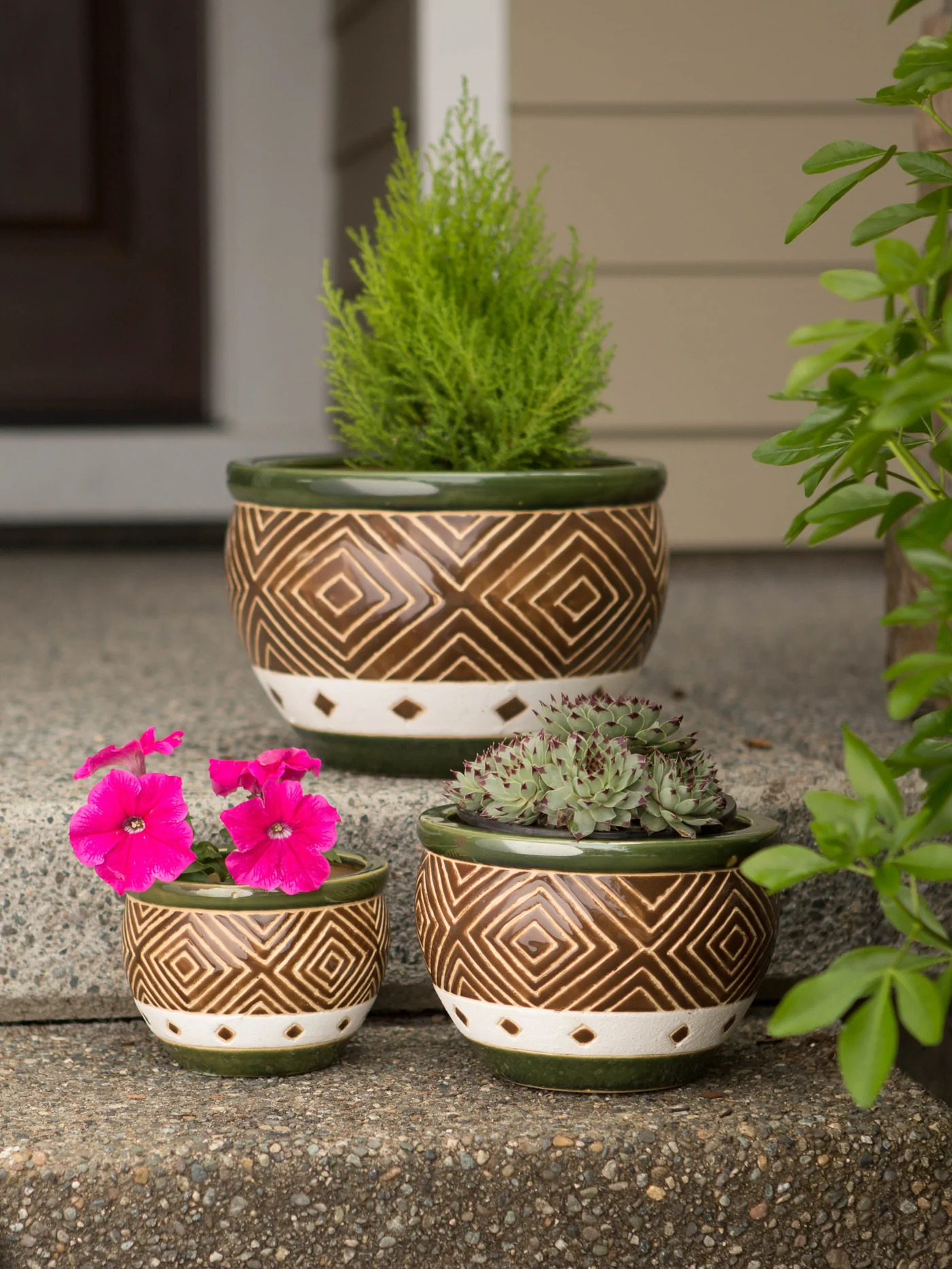 Green Ceramic Diamond Pattern Planter Set