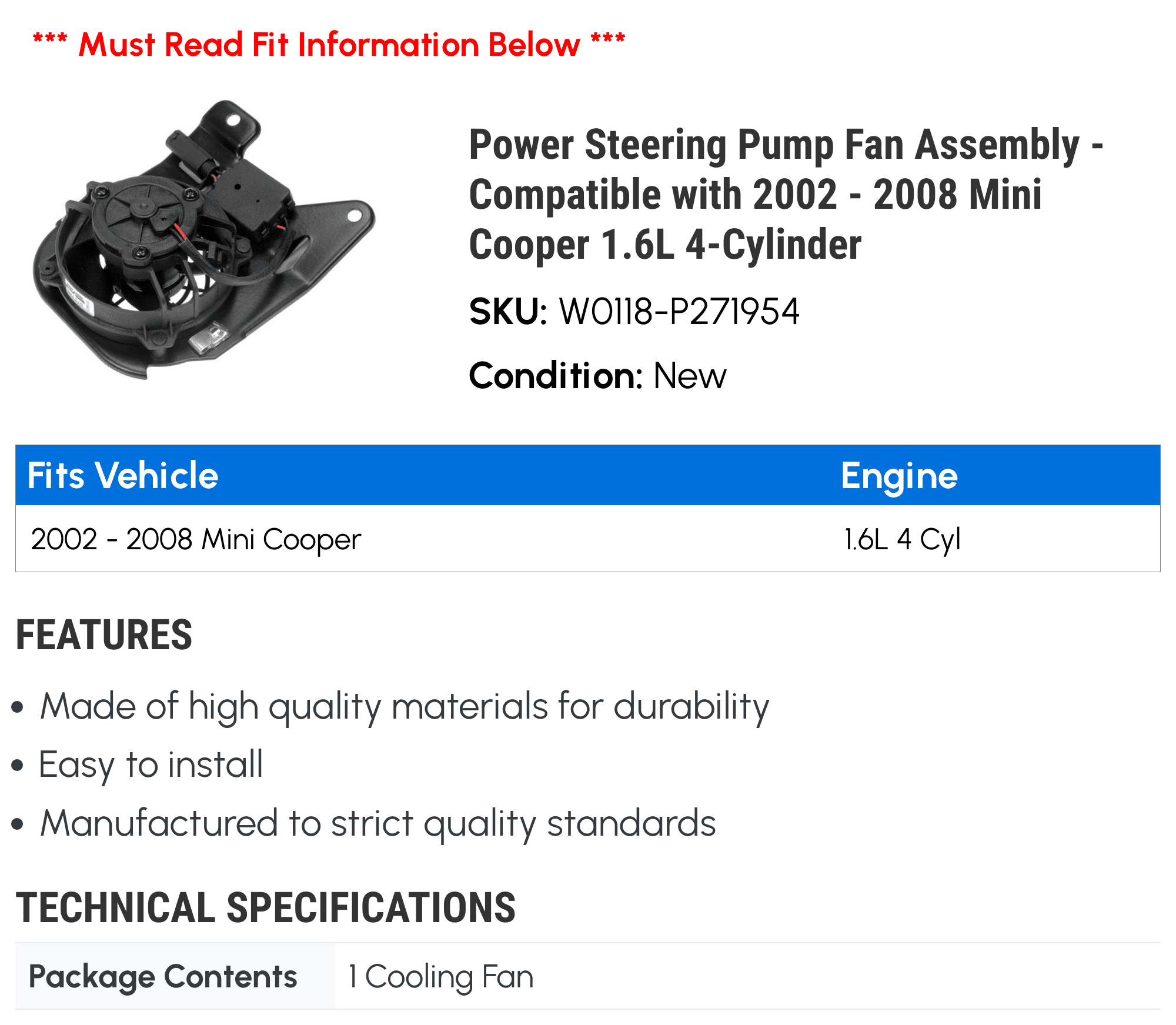Power Steering Pump Fan Assembly - Compatible with 2002 - 2008 Mini Cooper 1.6L 4-Cylinder 2003 2004 2005 2006 2007