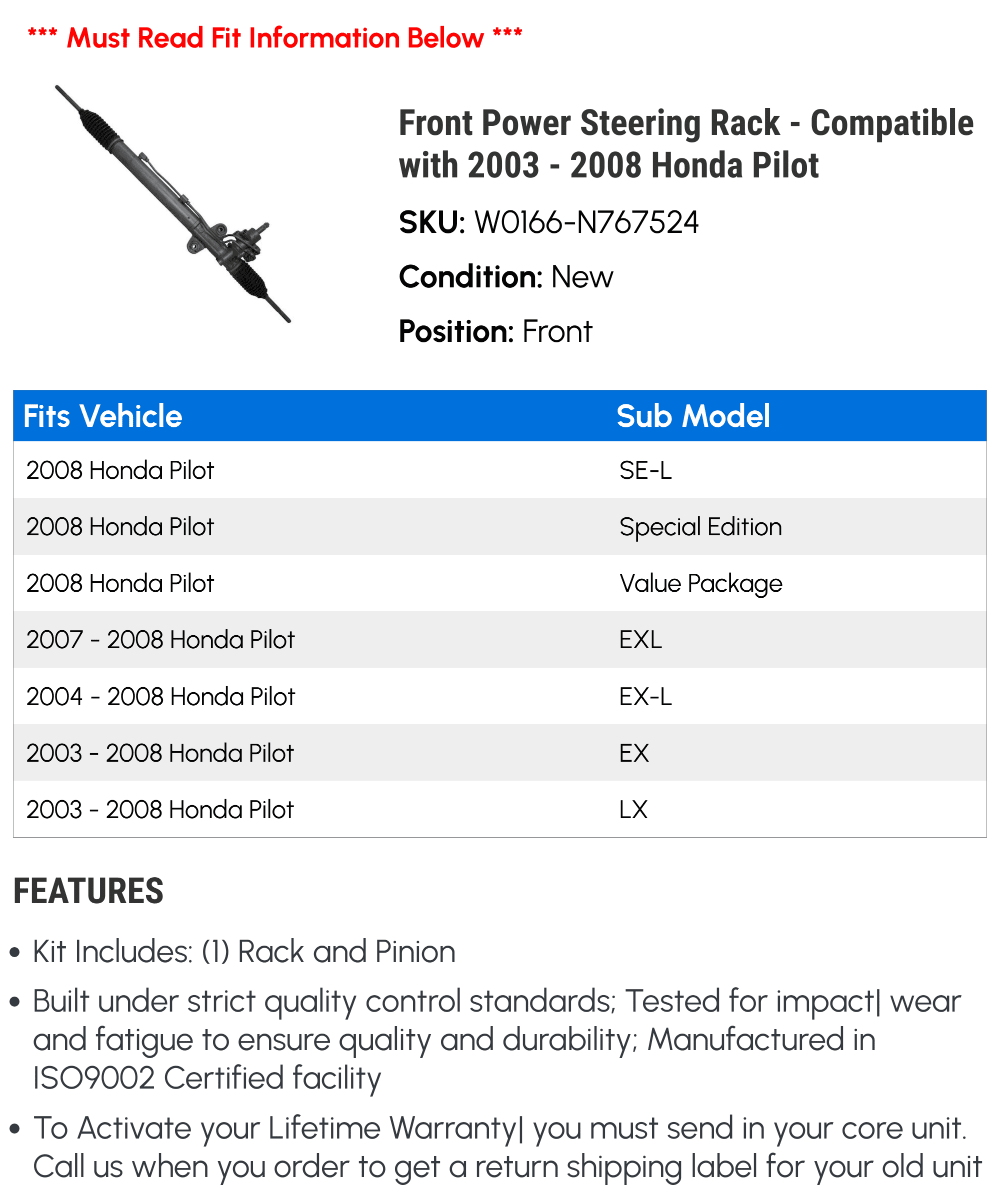 Front Power Steering Rack - Compatible with 2003 - 2008 Honda Pilot 2004 2005 2006 2007