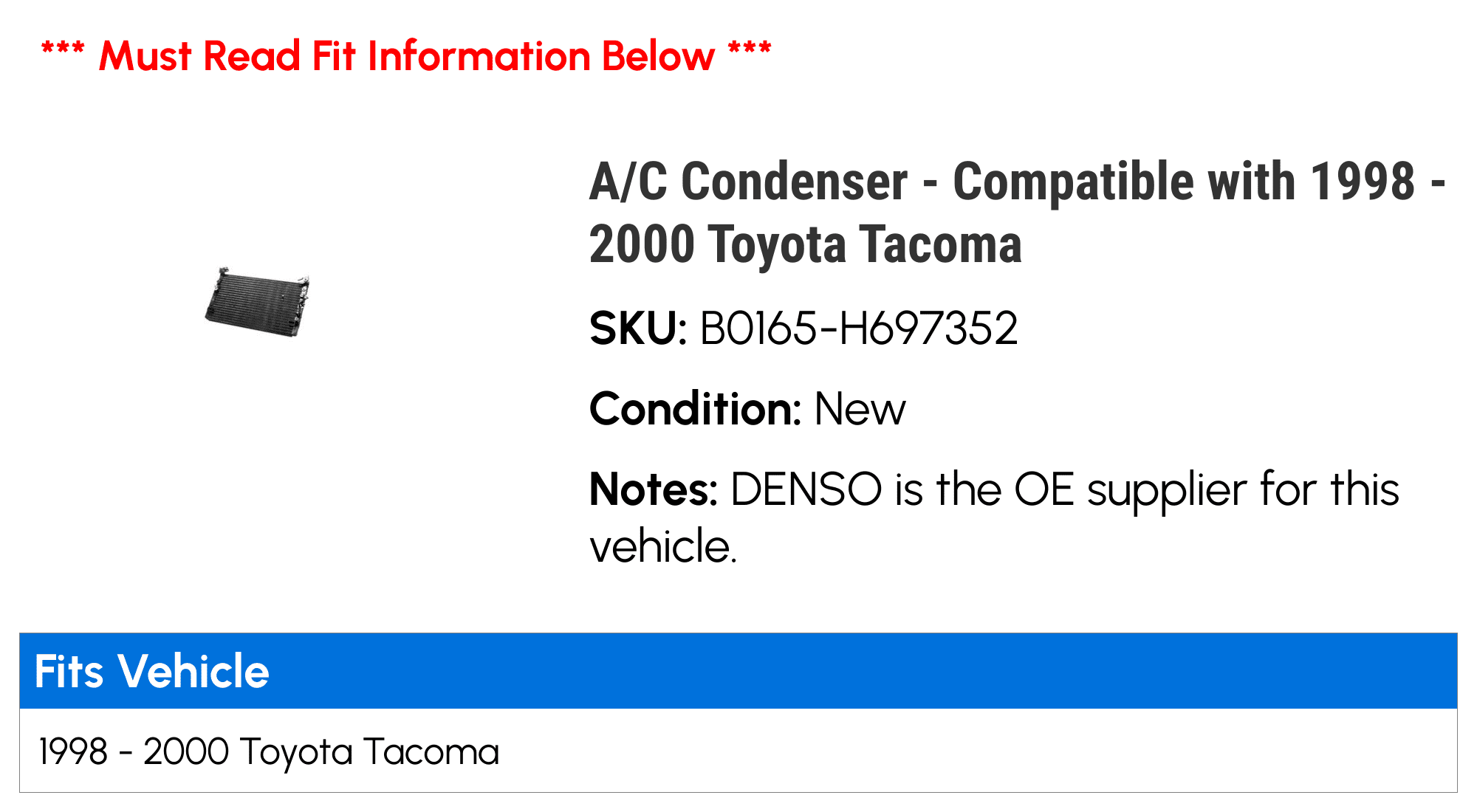 A/C Condenser - Compatible with 1998 - 2000 Toyota Tacoma 1999