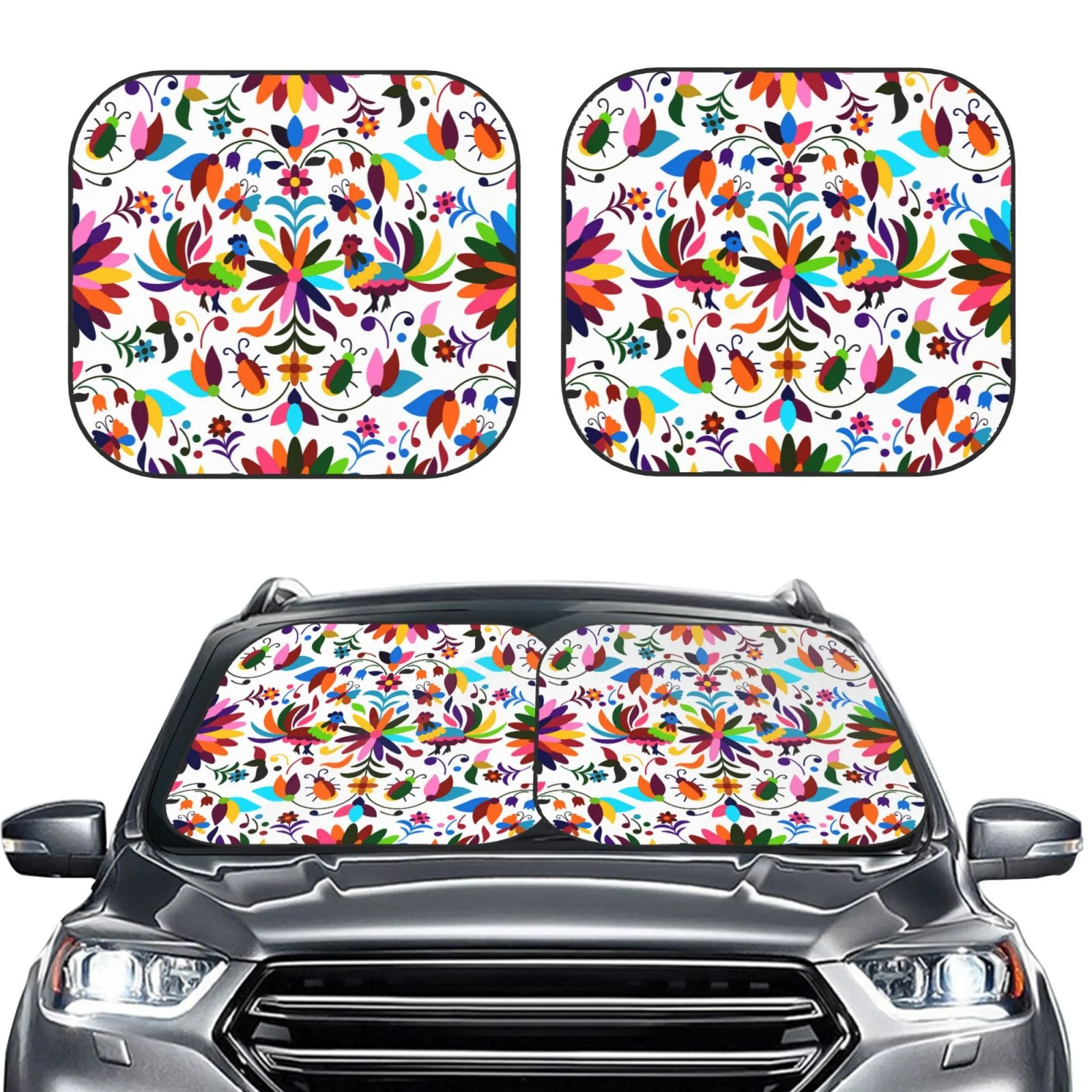 Lukts Mexican Bright Style Print 2 Piece Car Sun Shade Windshield,Foldable Car Shade Front Windshield With Keeps Your Vehicle Cool, For Most Sedans Suv And Trucks - Small