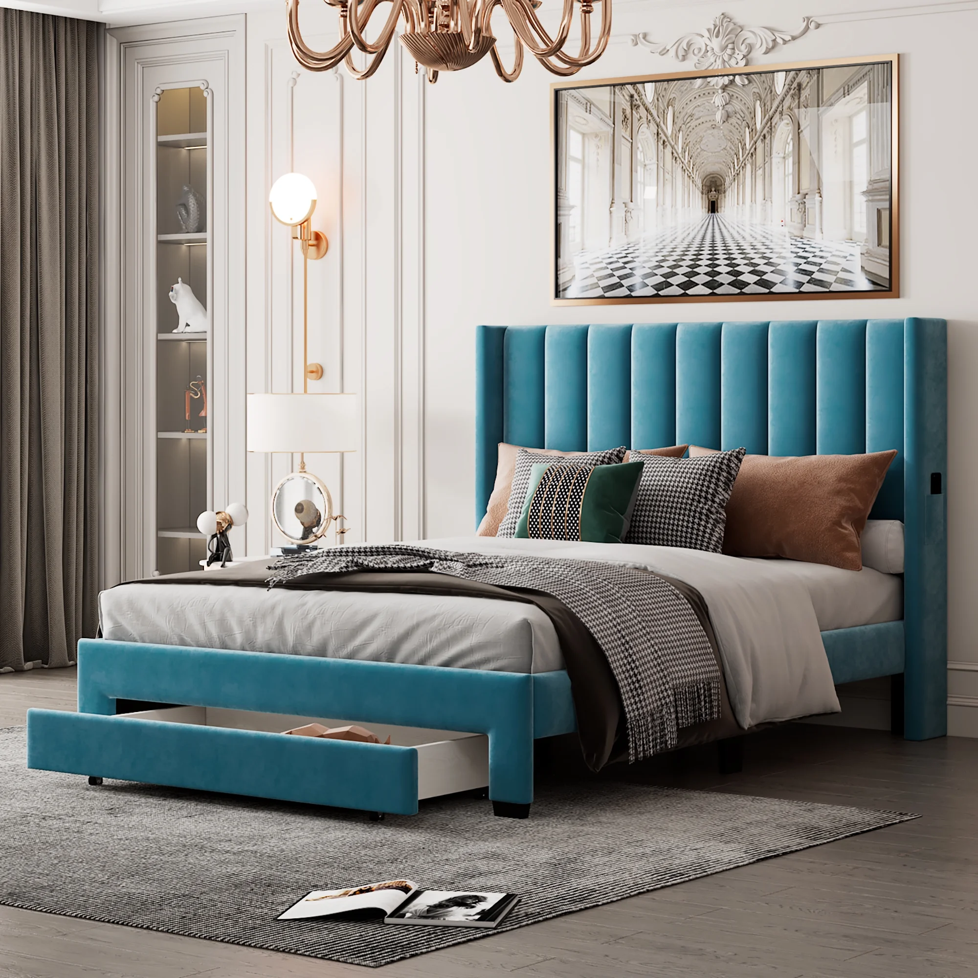 Royard Oaktree Queen Size Bed Frame with Storage Drawer and Side Pockets Velvet Upholstered Platform Bed with Headboard and Wood Slat Support, No Box Spring Needed, Blue