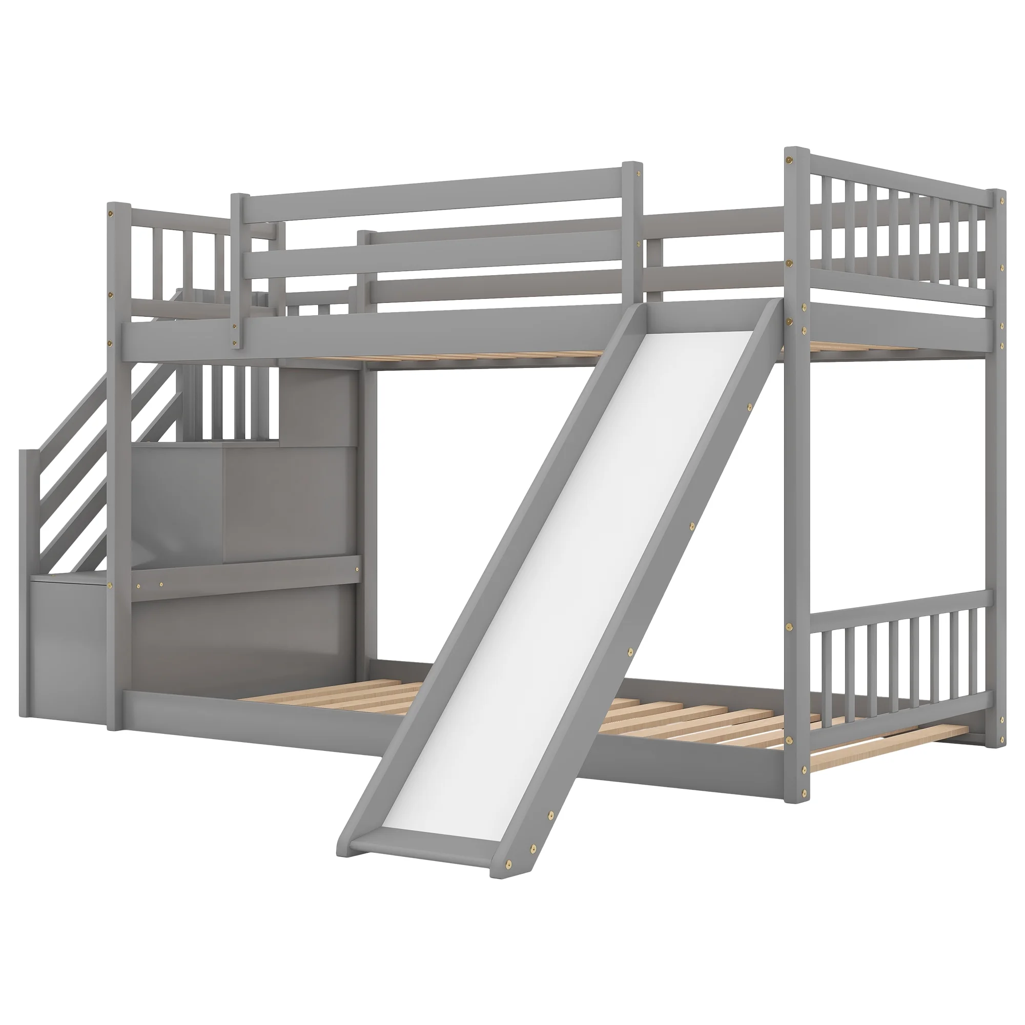 Nestfair Gray Twin over Twin Bunk Bed with Convertible Slide and Stairway