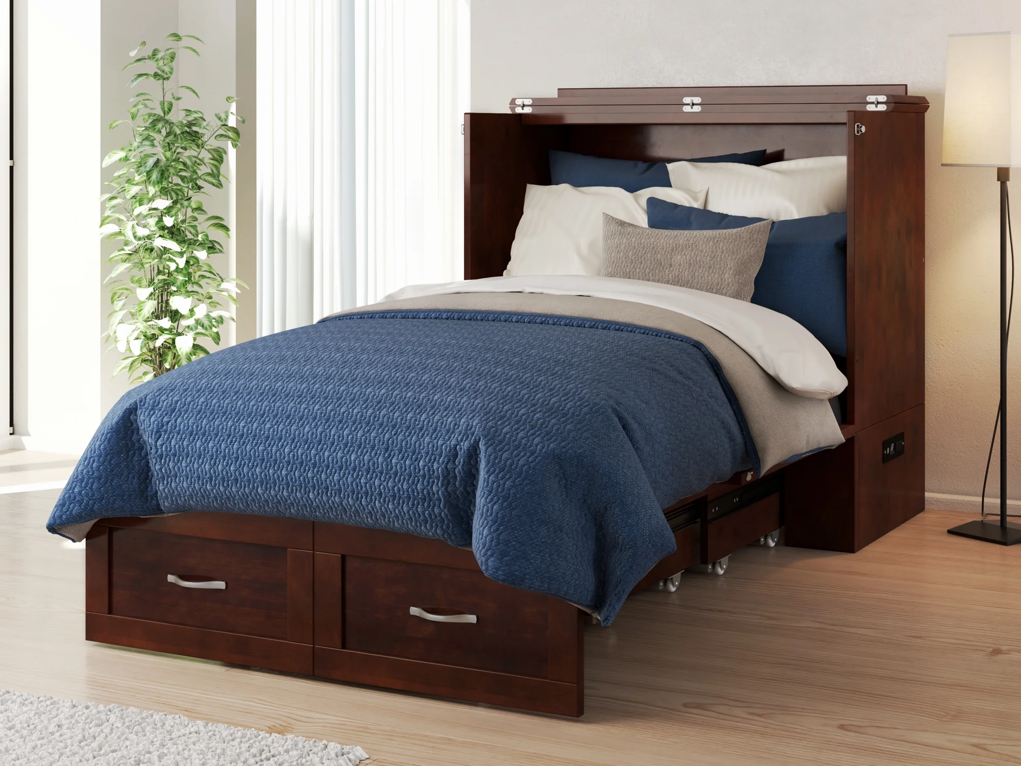 AFI Hamilton Twin XL Solid Wood Murphy Bed Chest with Mattress, Drawer and Charger, Walnut