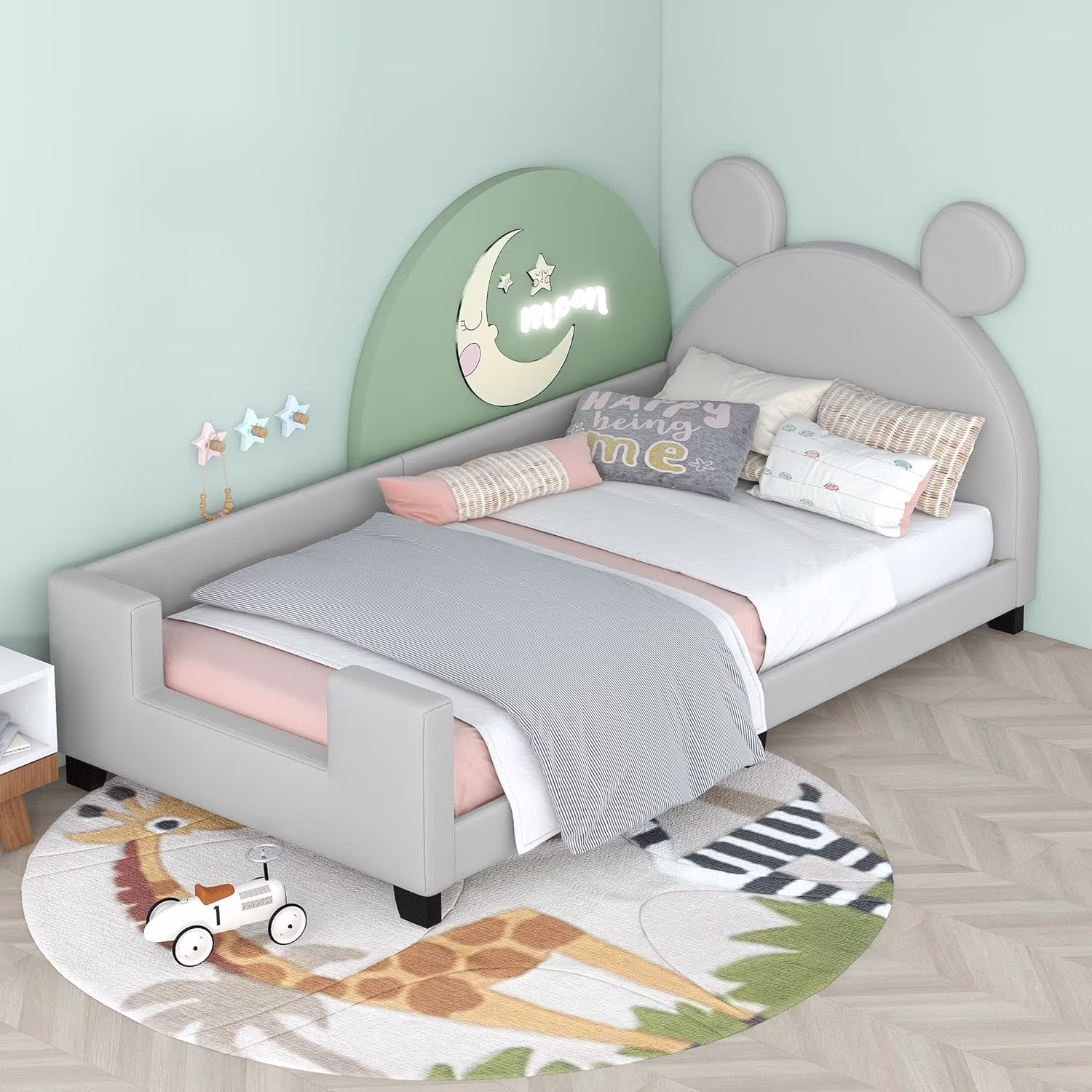 Upholsered Daybed Wih Caro Ears Shaped Headboard, Woode Cue Bed Frame For Kids ees Aduls, Faux Leaher Sofa Bed, o Box Sprig eeded (, Gray)