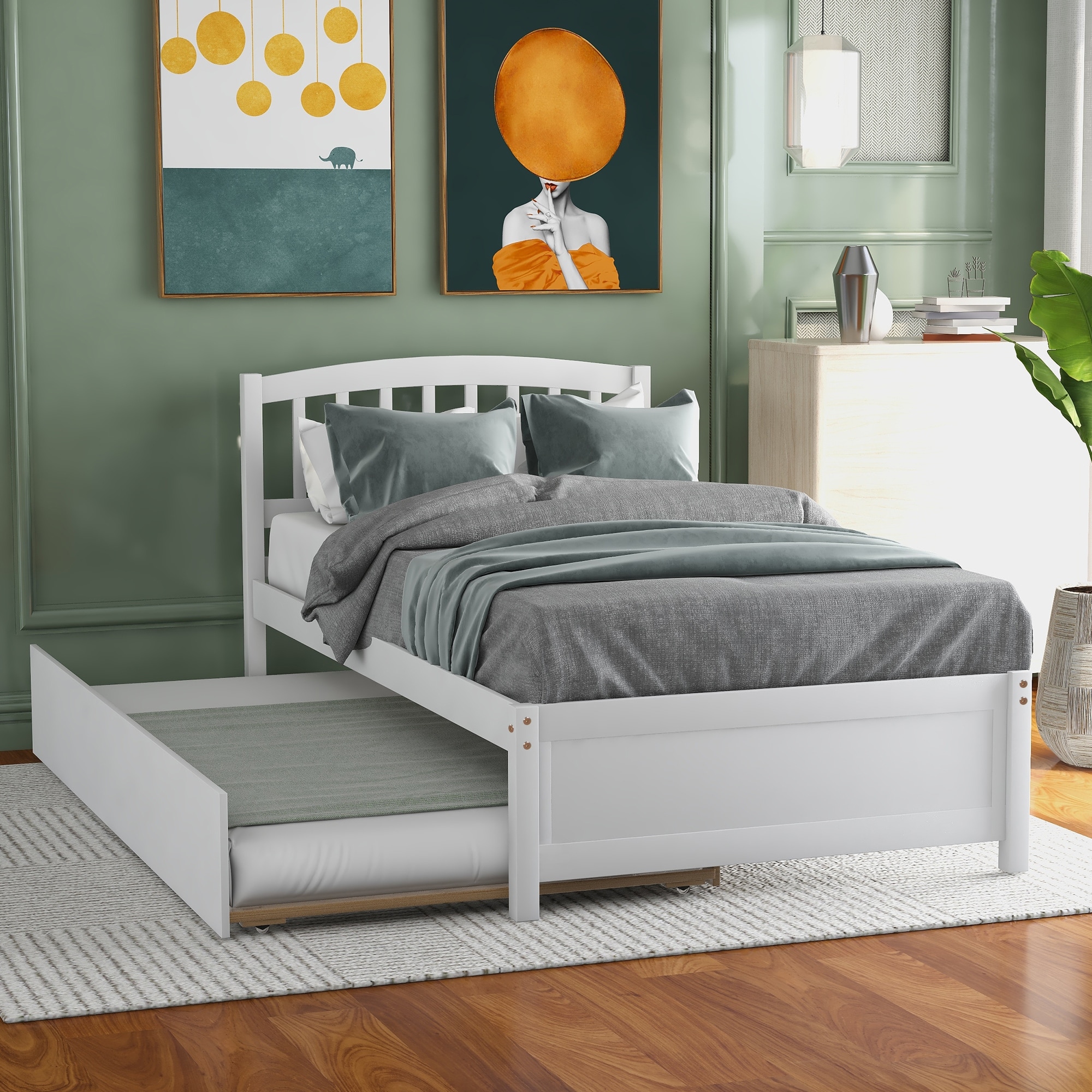 White Elegant Design Twin Size Platform Bed Wood Bed Frame with Trundle Maximize Space Savings, No Box Spring Required