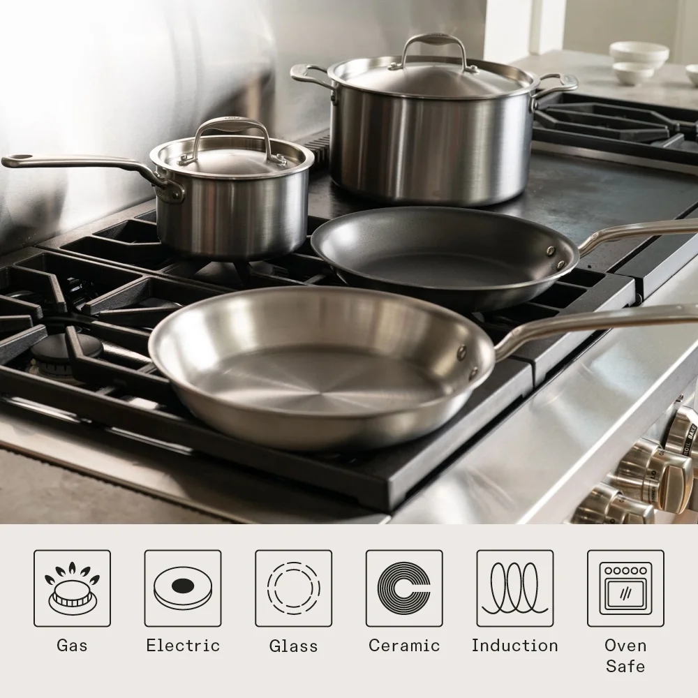 Made In Cookware - 6 Pc Stainless Steel Cookware Se - 5 ply Clad - Includes Frying Pans, Saucepan, and Stock Pot - Professional Grade - Made in Italy - Induction Compatible