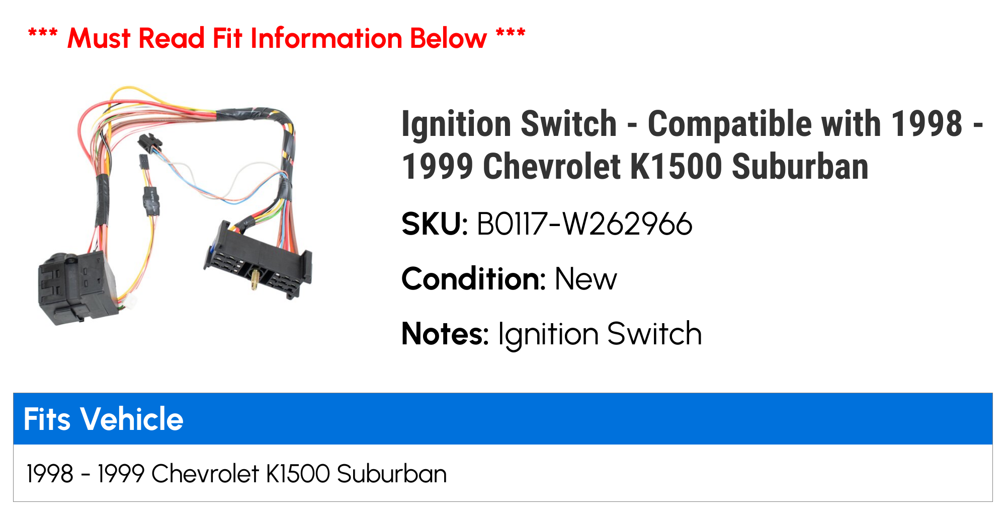 Ignition Switch - Compatible with 1998 - 1999 Chevy K1500 Suburban