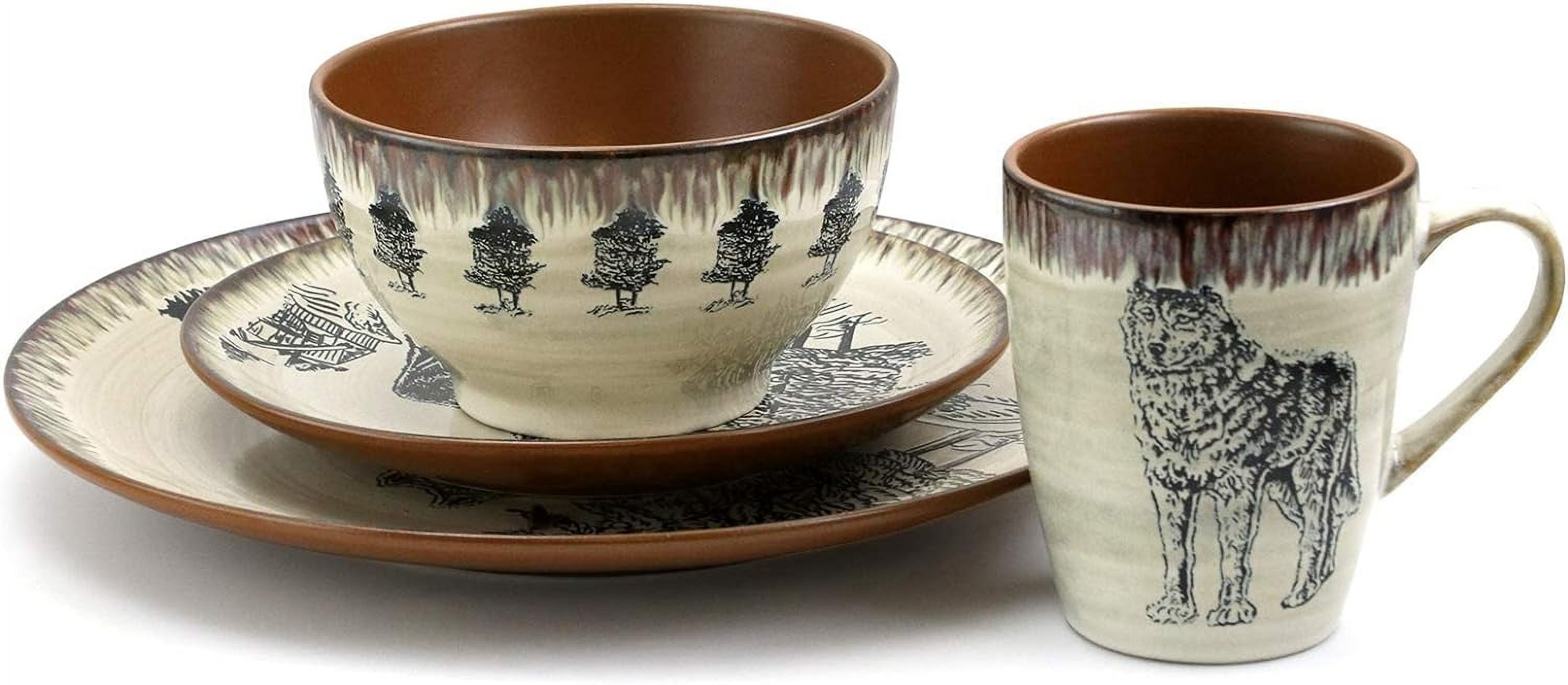 Round Stoneware Cabin Dinnerware Dish Set, 16 Piece, Design With Warm Taupe And Brown Accents