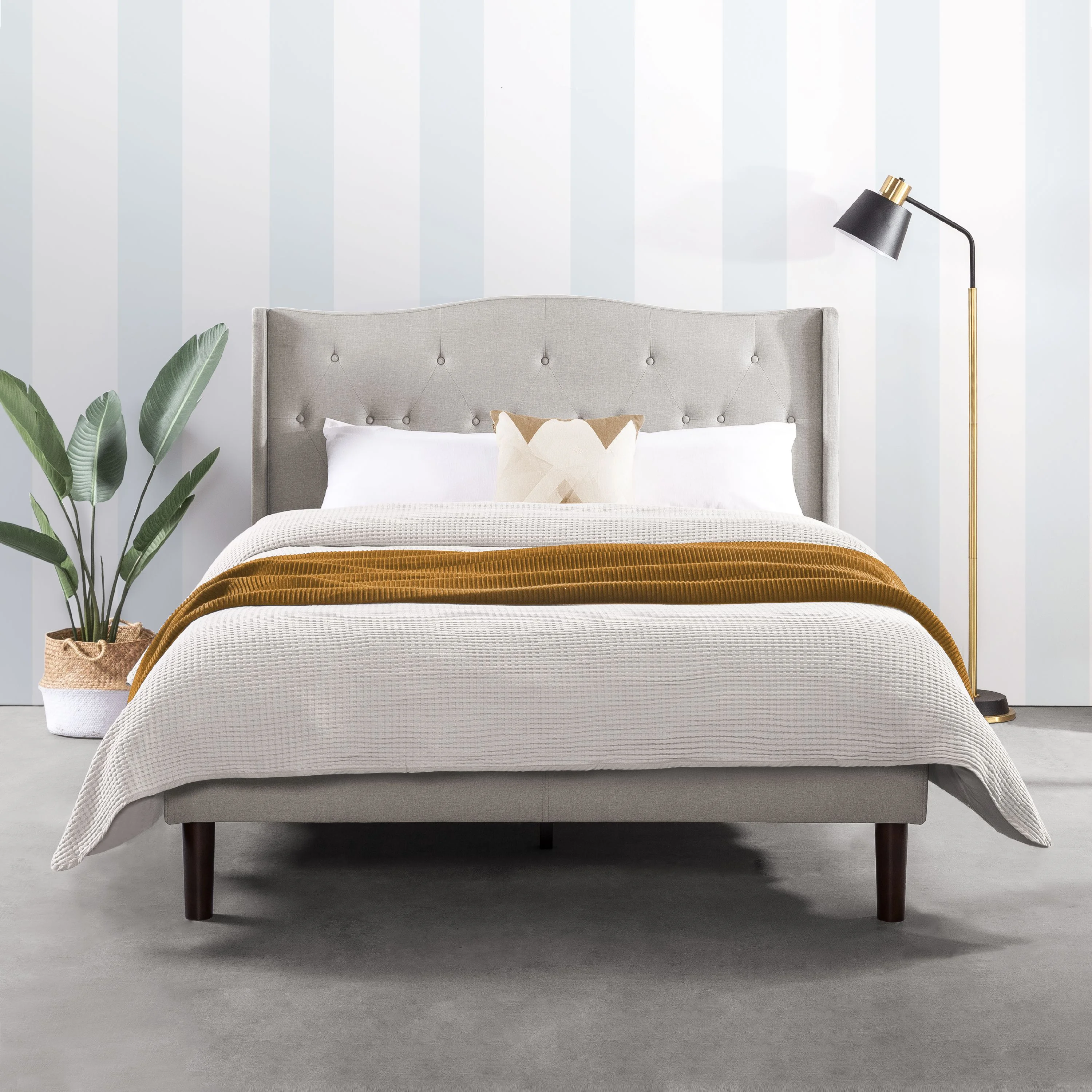 Mellow Amabel Upholstered Platform Bed with Wingback Headboard, Light Grey, Queen