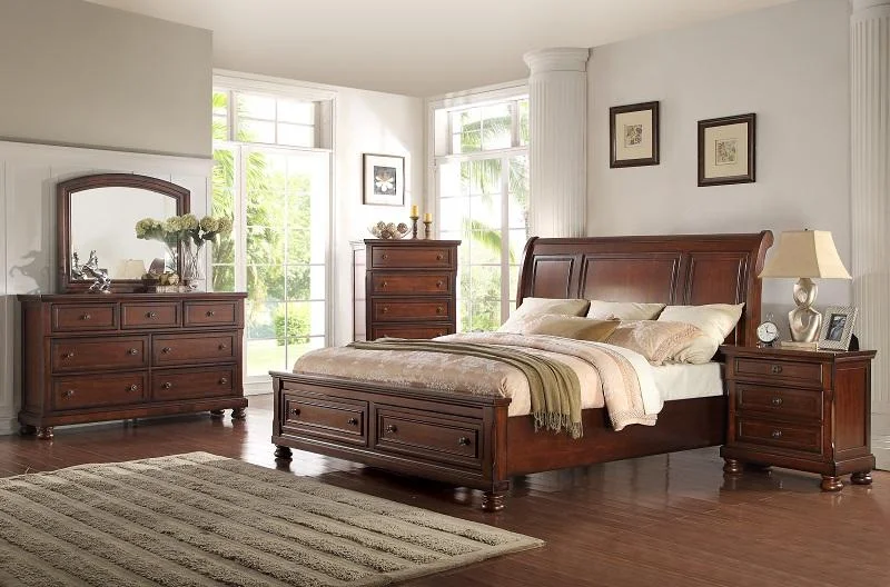 McFerran B608-EK Cherry Wood Finish Eastern King Platform Bedroom Set 4Pcs