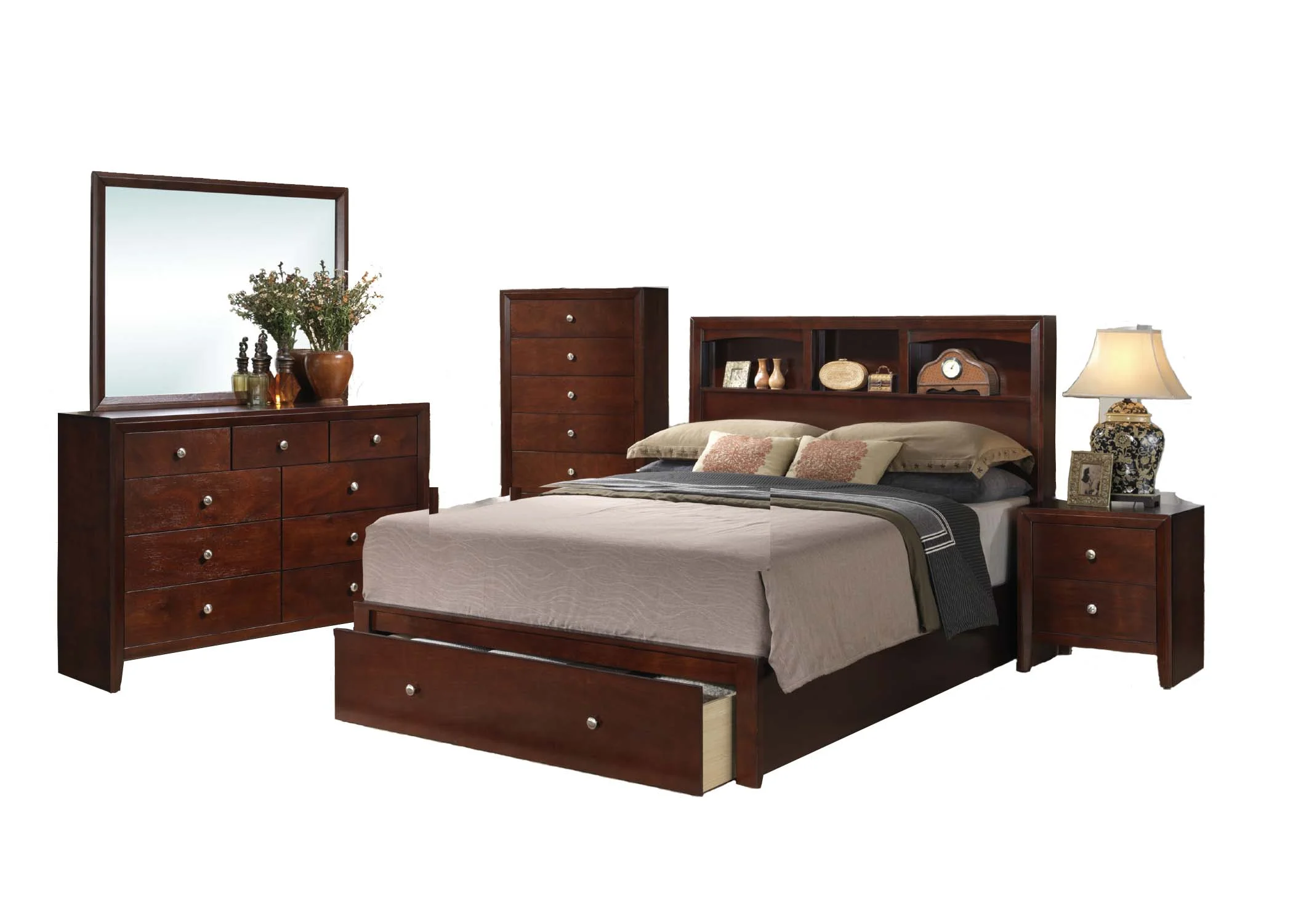 Modern Wood Finish 4pc Queen Size Bed Dresser Mirror Nightstand Wooden Furniture Bedroom Set Cherry