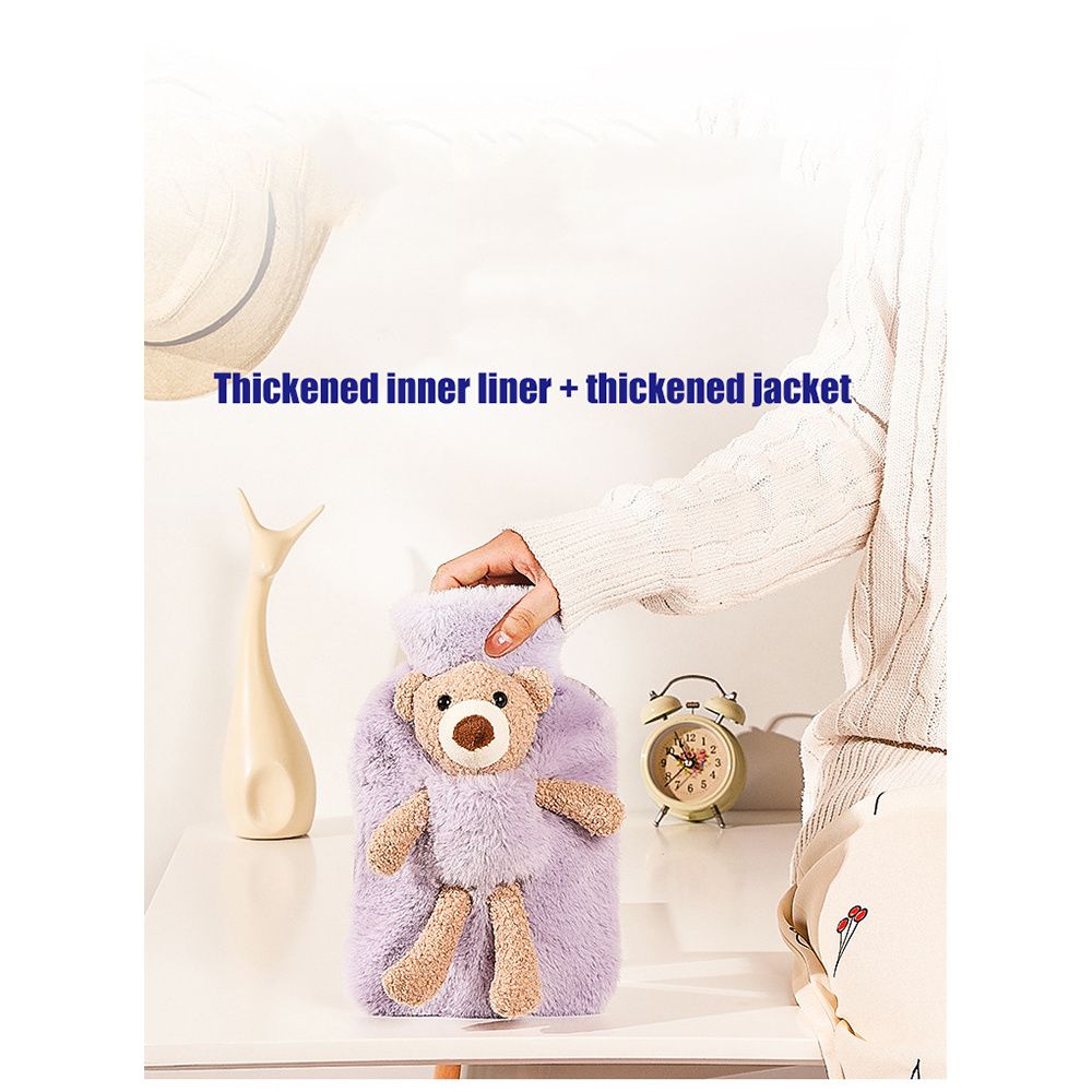 1000ml Plush Covering Recyclable Water Injection Winter Warmth Hot Water Bottle Plush Bear Warm Water Bag PVC Material DARK GREY