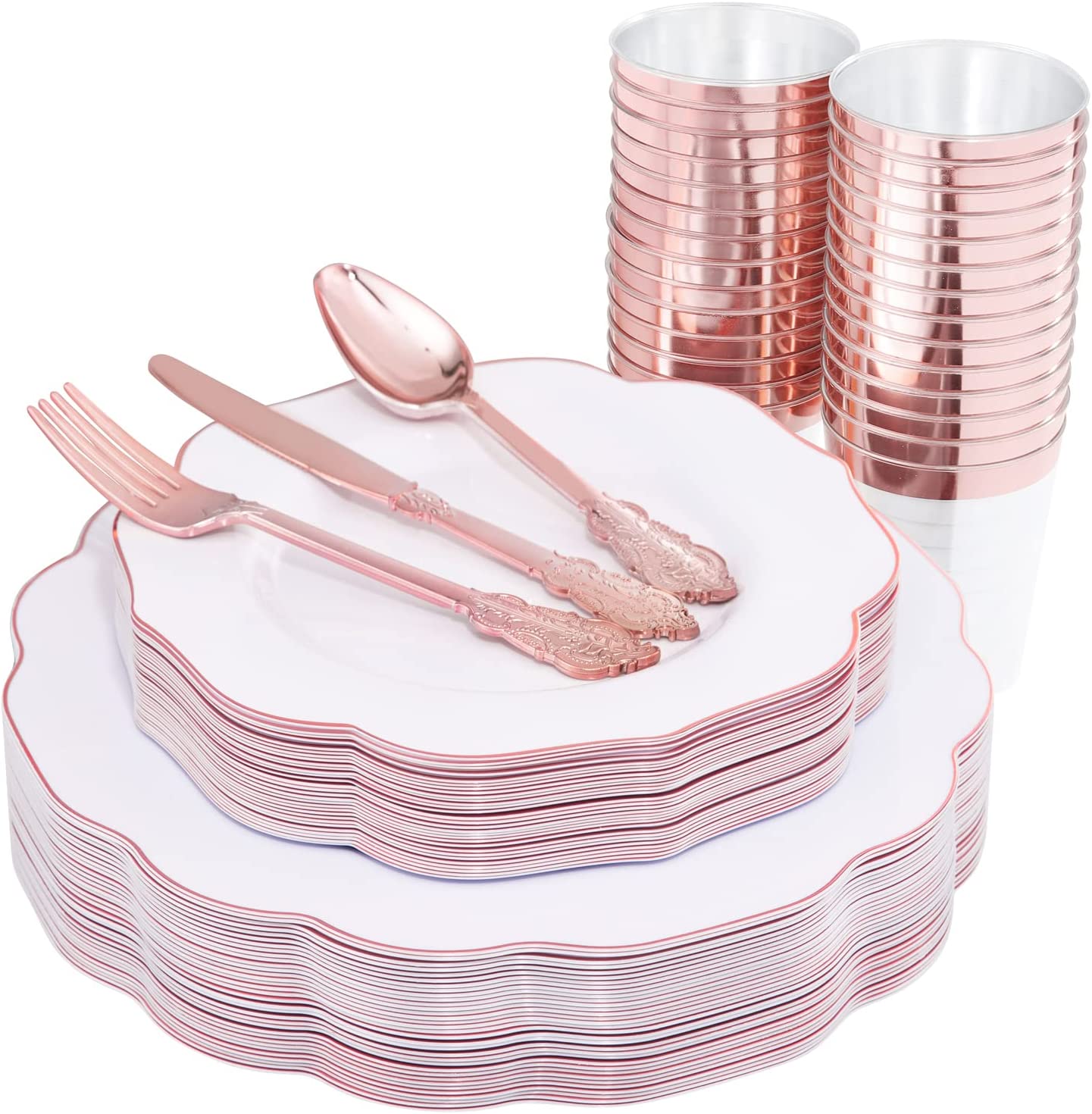 180PCS Rose Gold Plastic Plates with Disposable Silverware-Include 60 Plastic Plates, 30 Knives, 30 Forks,30 Spoons and 30 Cups-Suitable for Wedding, Party, Mother's Day