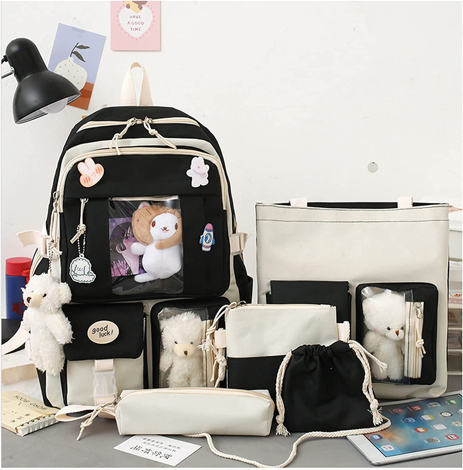 5Pcs Kawaii Backpacks Combo Set with Bear Pendant & Pins - Cute Back To School Supplies Korean Anime Aesthetic Bag Kit