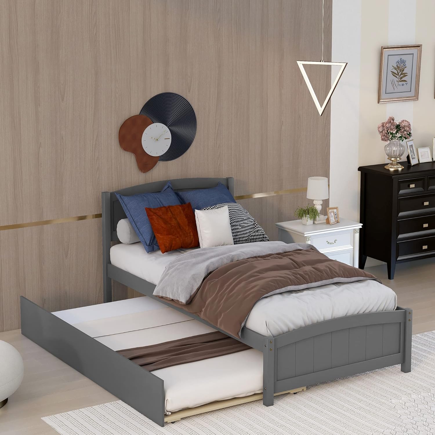 Platform Bed With Trundle, Solid Wood Daybed Sofa Bed Frame For Kids Teens Guests Bedroom Living Room Furniture, No Box Spring Needed ( Size, Gray)