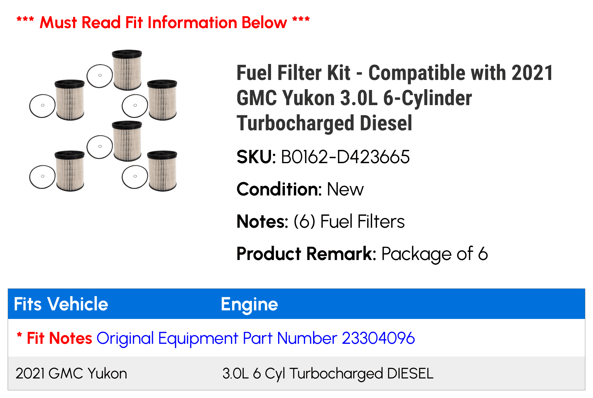 Fuel Filter Kit - Compatible with 2021 GMC Yukon 3.0L 6-Cylinder Turbocharged Diesel