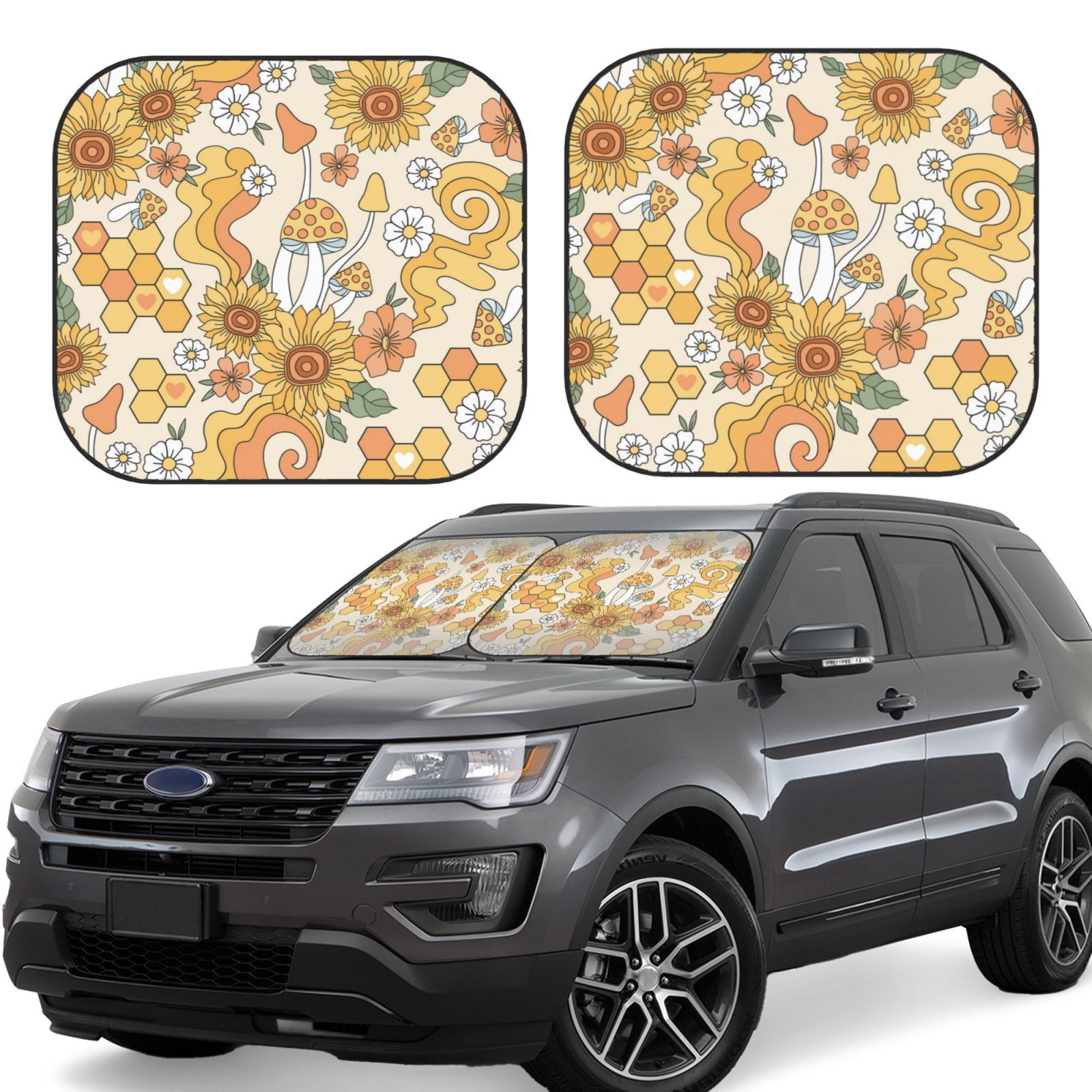 Lukts Groovy Hippie Flower Mushrooms Print 2 Piece Car Sun Shade Windshield,Foldable Car Shade Front Windshield With Keeps Your Vehicle Cool, For Most Sedans Suv And Trucks - Small