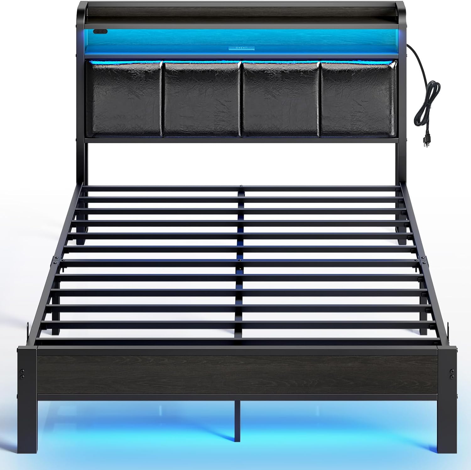 Bed Frame Full Size with Charging Station and LED Lights, PU Leather Headboard with Storage Shelves, Heavy Duty Metal Slats, No Box Spring Need, Noise Free, Easy Assembly, Black