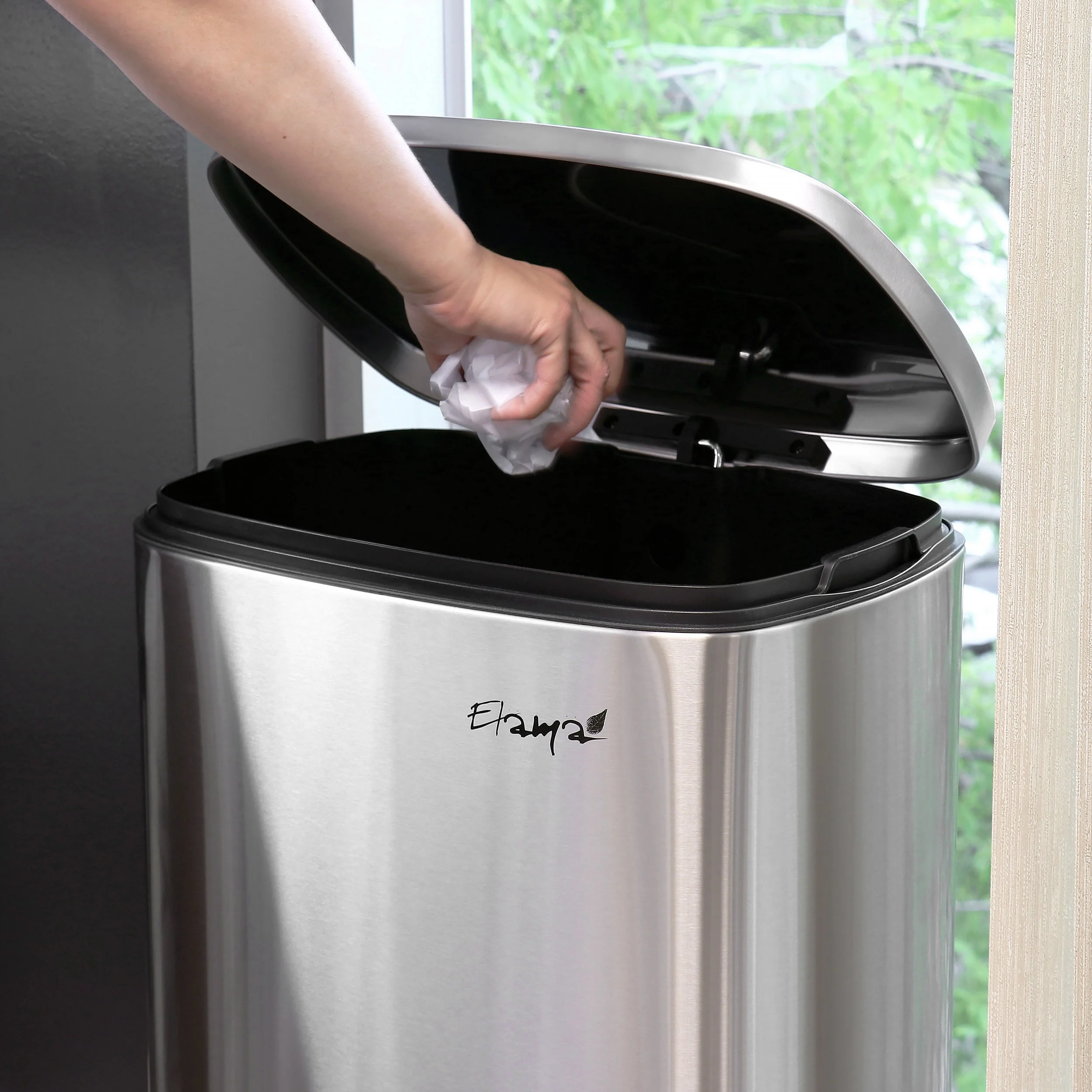 Elama 50 Liter/13 Gallon Rectangular Stainless Steel Step Trash Bin with Slow Close Mechanism in Matte Silver