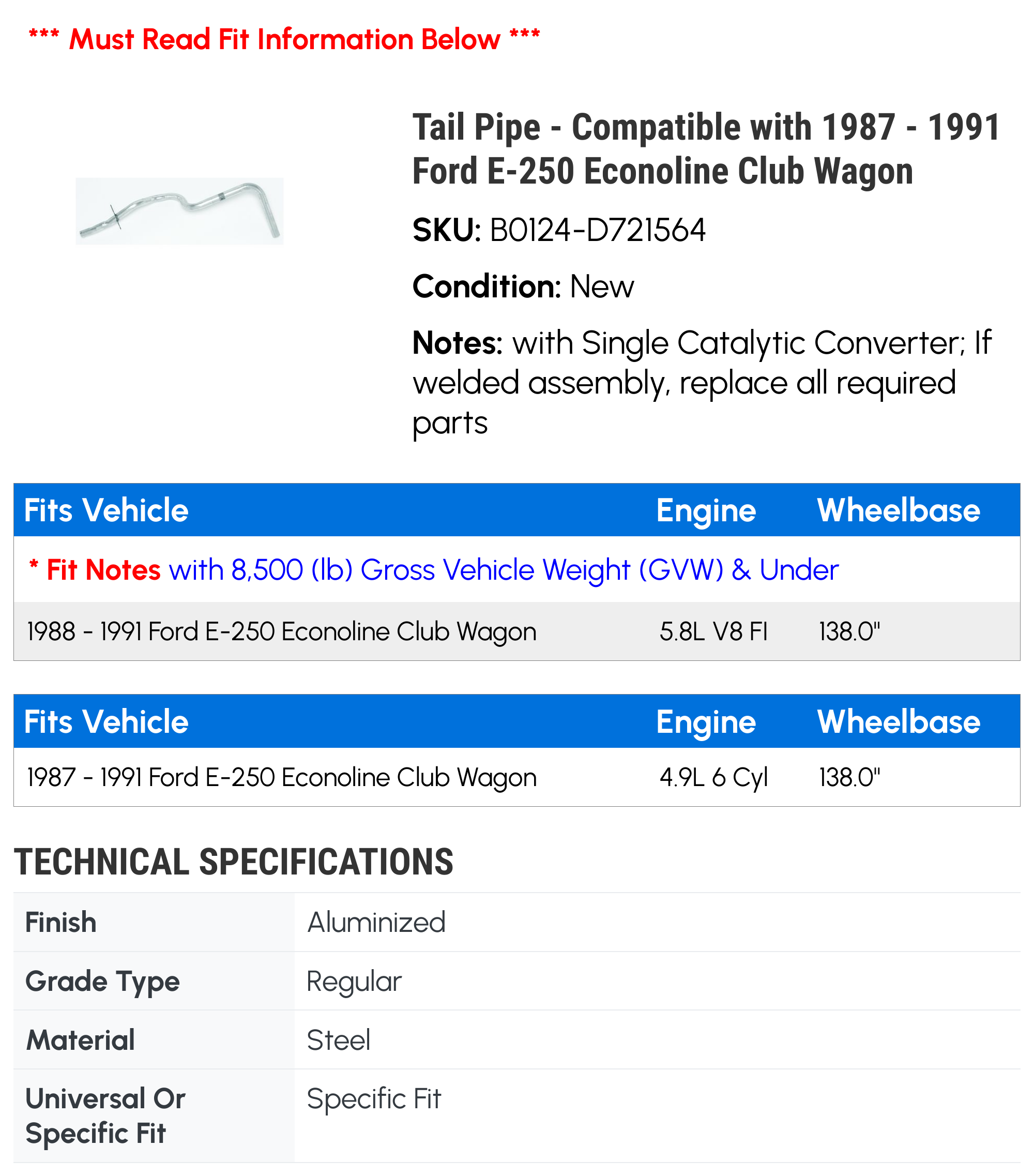 Tail Line - Compatible with 1987 - 1991 Ford E-250 Econoline Club Wagon 1988 1989 1990