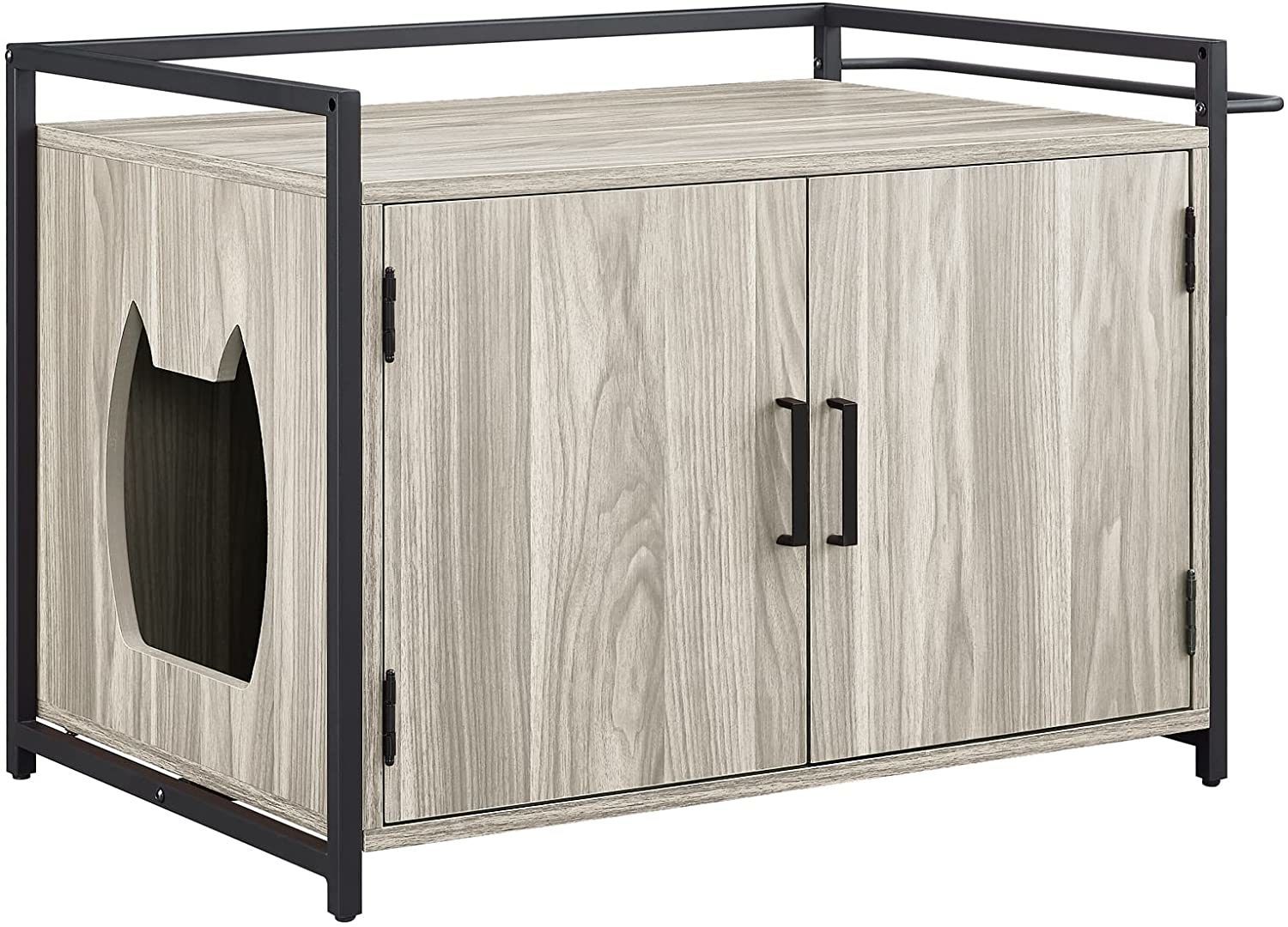 LANTRO JS Hidden Cat Litter Box Furniture with Ventilation and Bench Seat, Pet Crate with Iron and Wood Sturdy Structure