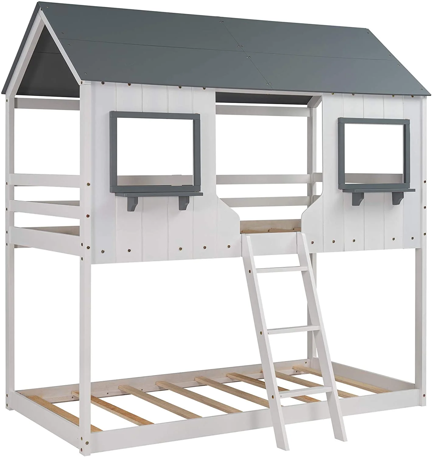 Churanty Twin Over Twin Wooden House Bed, Bunk Bed with Playhouse,White