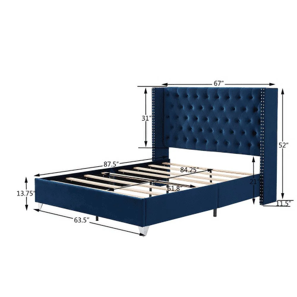 Queen Bed, Button Designed Headboard,Strong Wooden Slats + Metal Legs With Electroplate