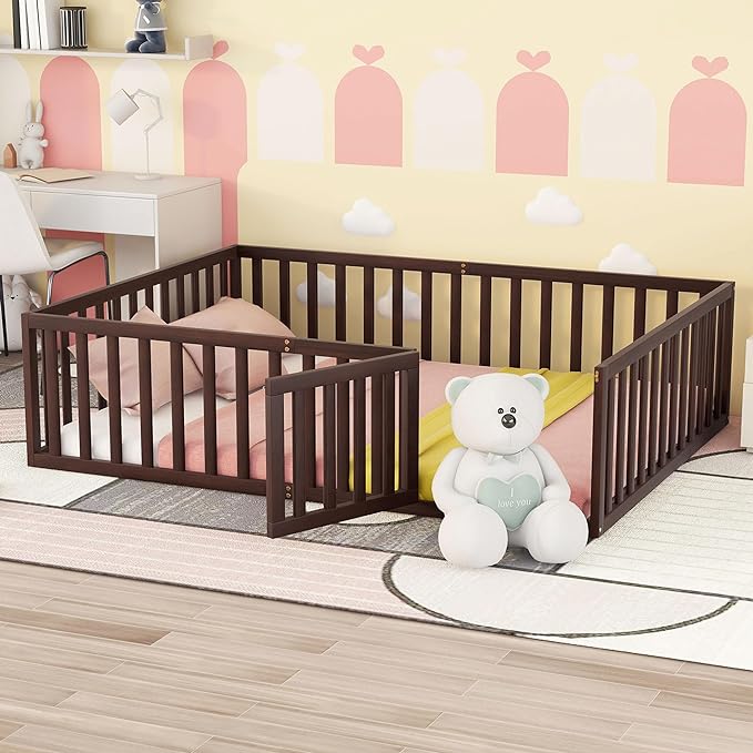 Queen Size Wood Floor Bed Frame with Fence, Montessori Floor Bed w/Door, Kids Noise Free Beds, No Box Spring Needed, Easy Assembly, for Children, Toddlers, Walnut