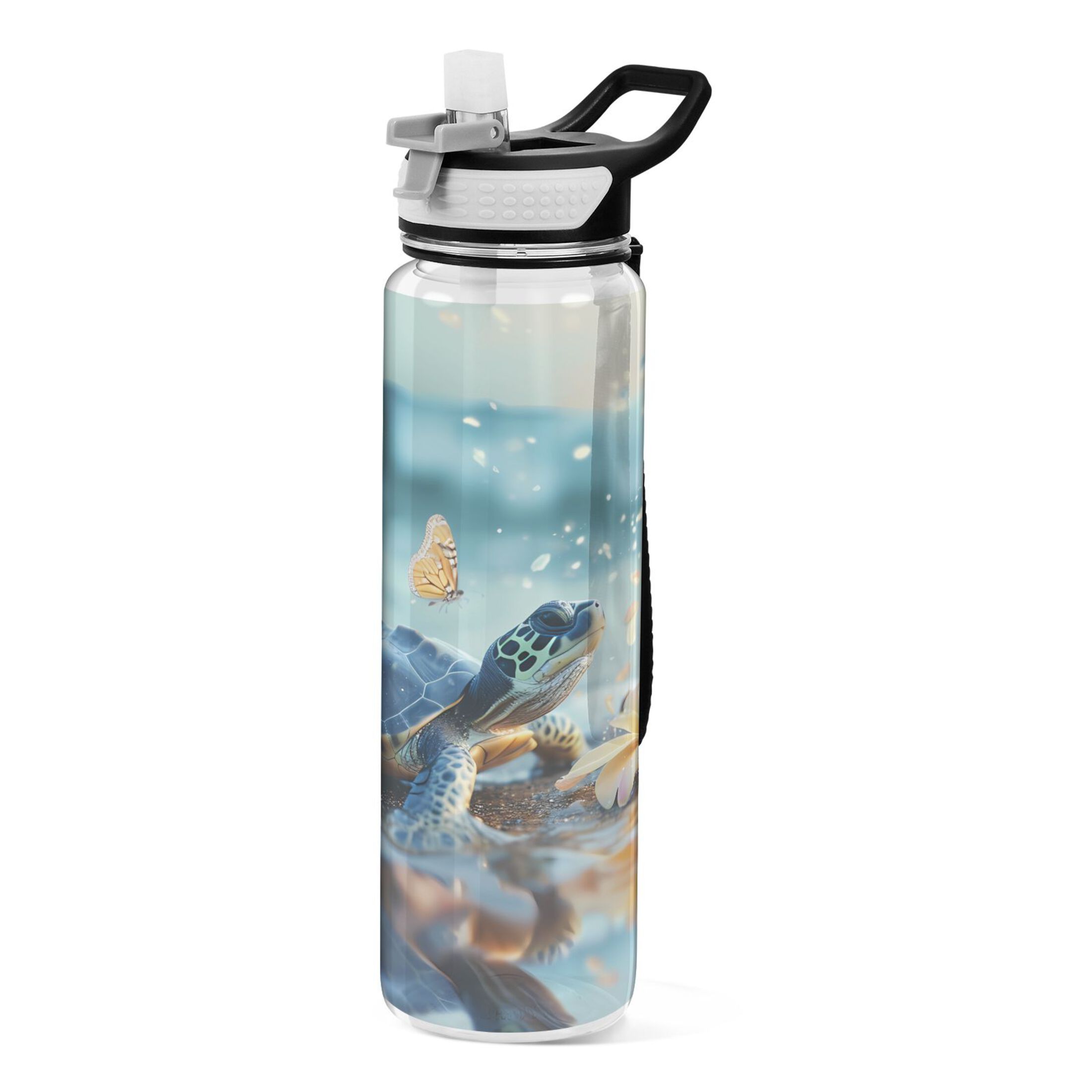 Turtle Butterfly Floral on Water 32oz Sports Water Bottles Leakproof Tritan Bottle with Straw BPA Free Clear Bottle for Fitness Gym Outdoor Cycling