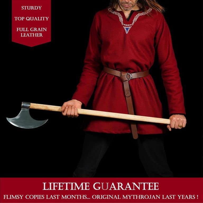 Mythrojan Leather Ring Belt Veg Tan Leather with Steel Ring Viking LARP Leather Belt