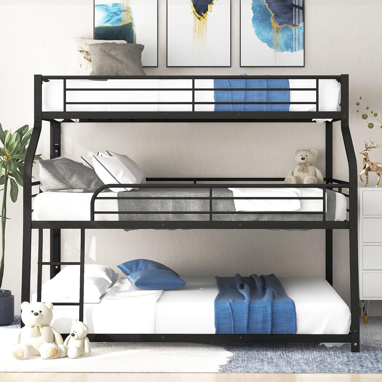 Triple Bunk Bed, Space-Saving 3-In-1 Metal Triple Bunk Beds With Two Built-In Ladders And Full-Length Guardrails, Black