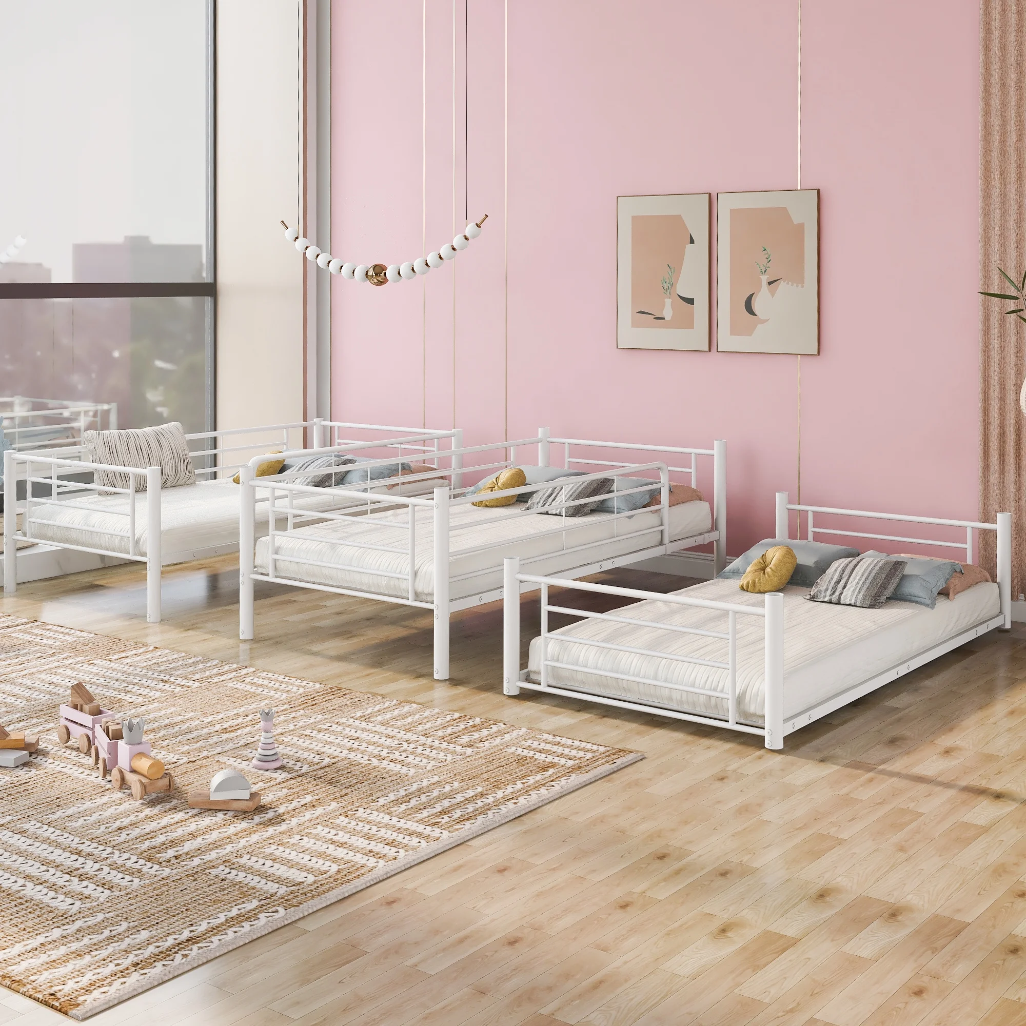 Churanty Twin-Twin-Twin Triple Bed with Built-in Ladder, Divided into Three Separate Beds,White