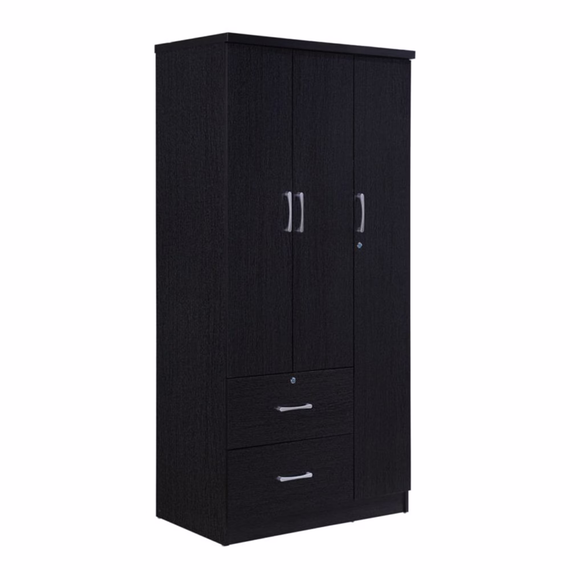 Hodedah Import 3 Door Armoire w/ Clothing Rod, Shelves, & 2 Drawers, Black