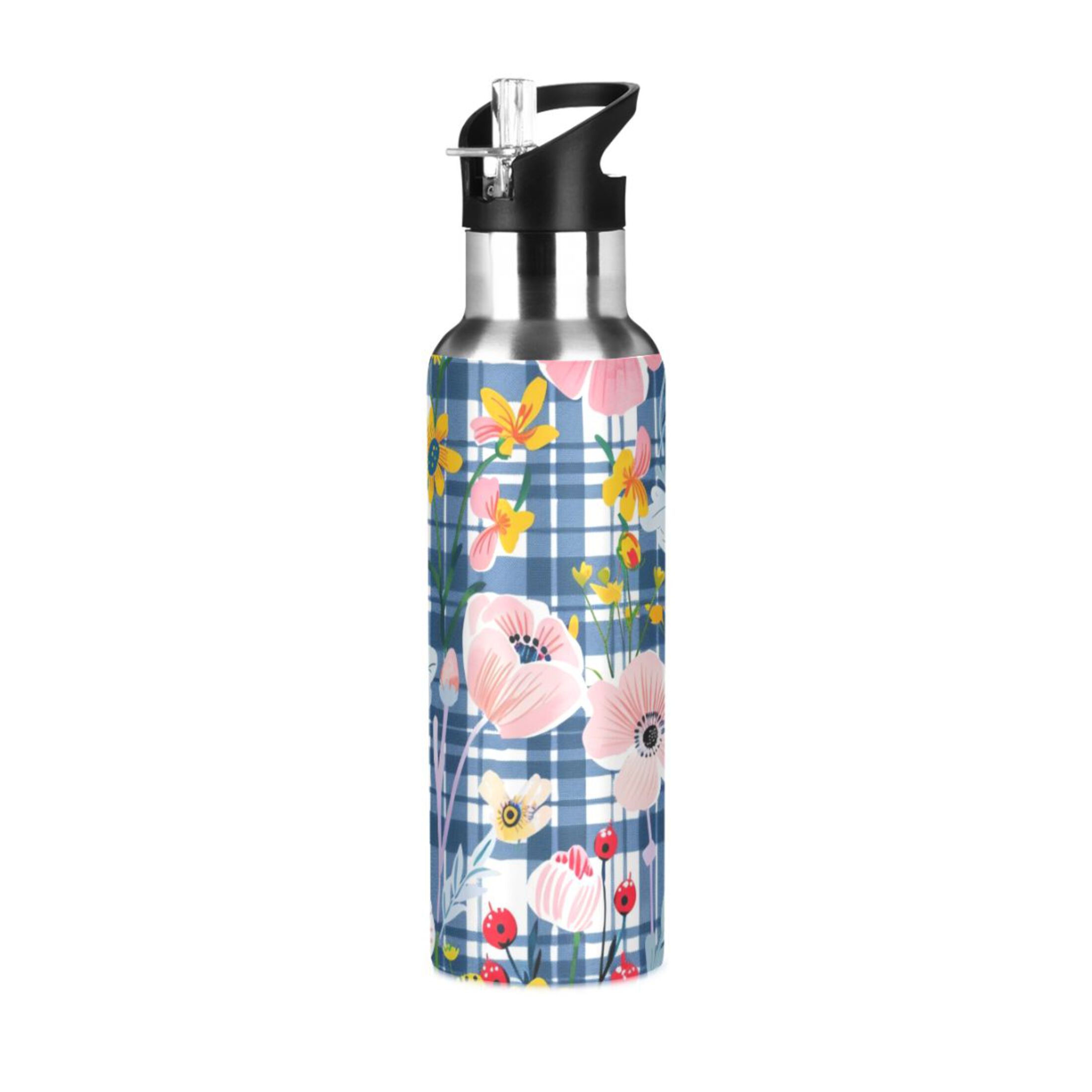 Flowers with Lattice Water Bottles Insulated Thermos Kids Stainless Steel Bottle with Straw Lid Flask Leakproof for Sports Gym 20 oz