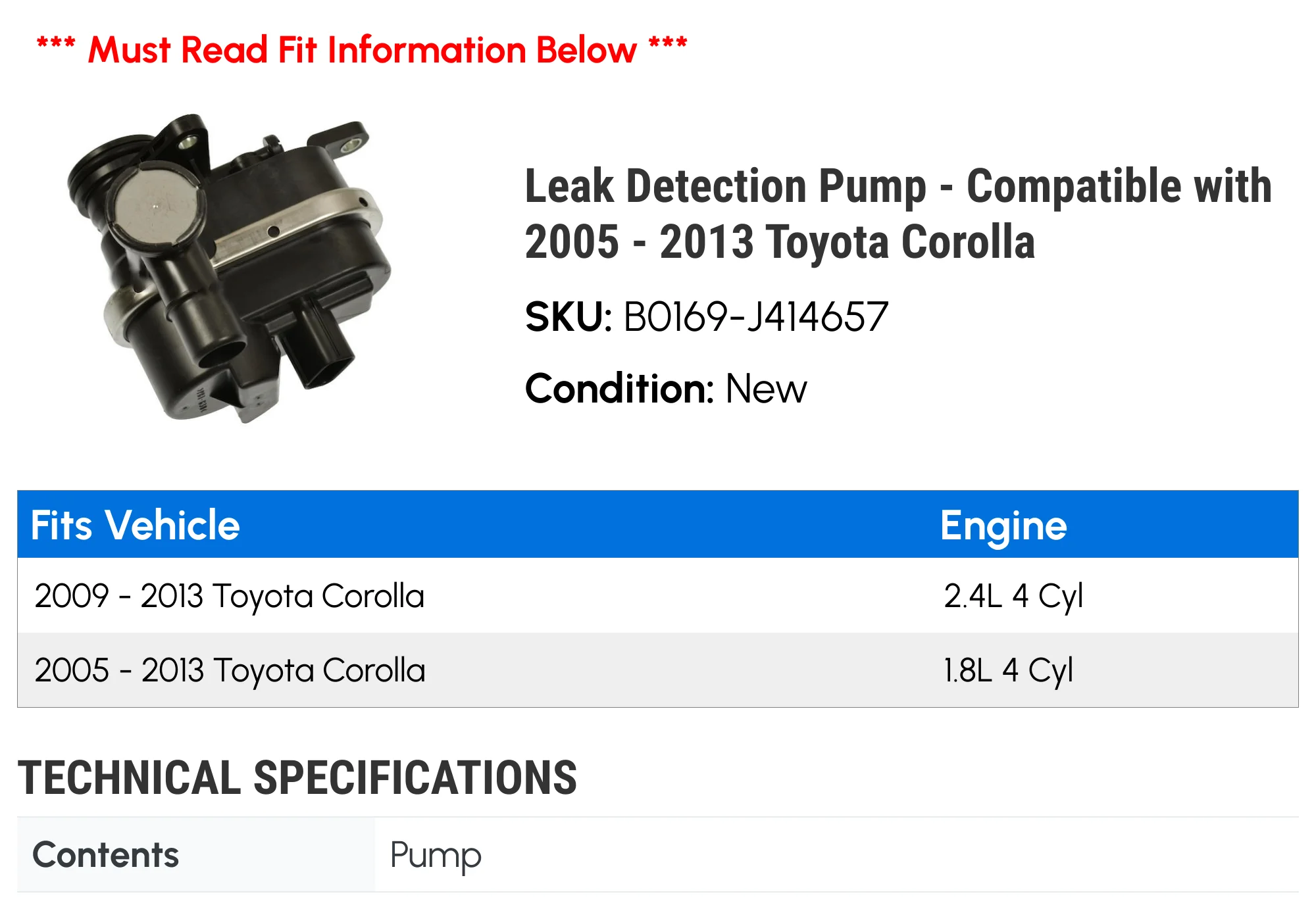 Leak Detection Pump - Compatible with 2005 - 2013 Toyota Corolla 2006 2007 2008 2009 2010 2011 2012