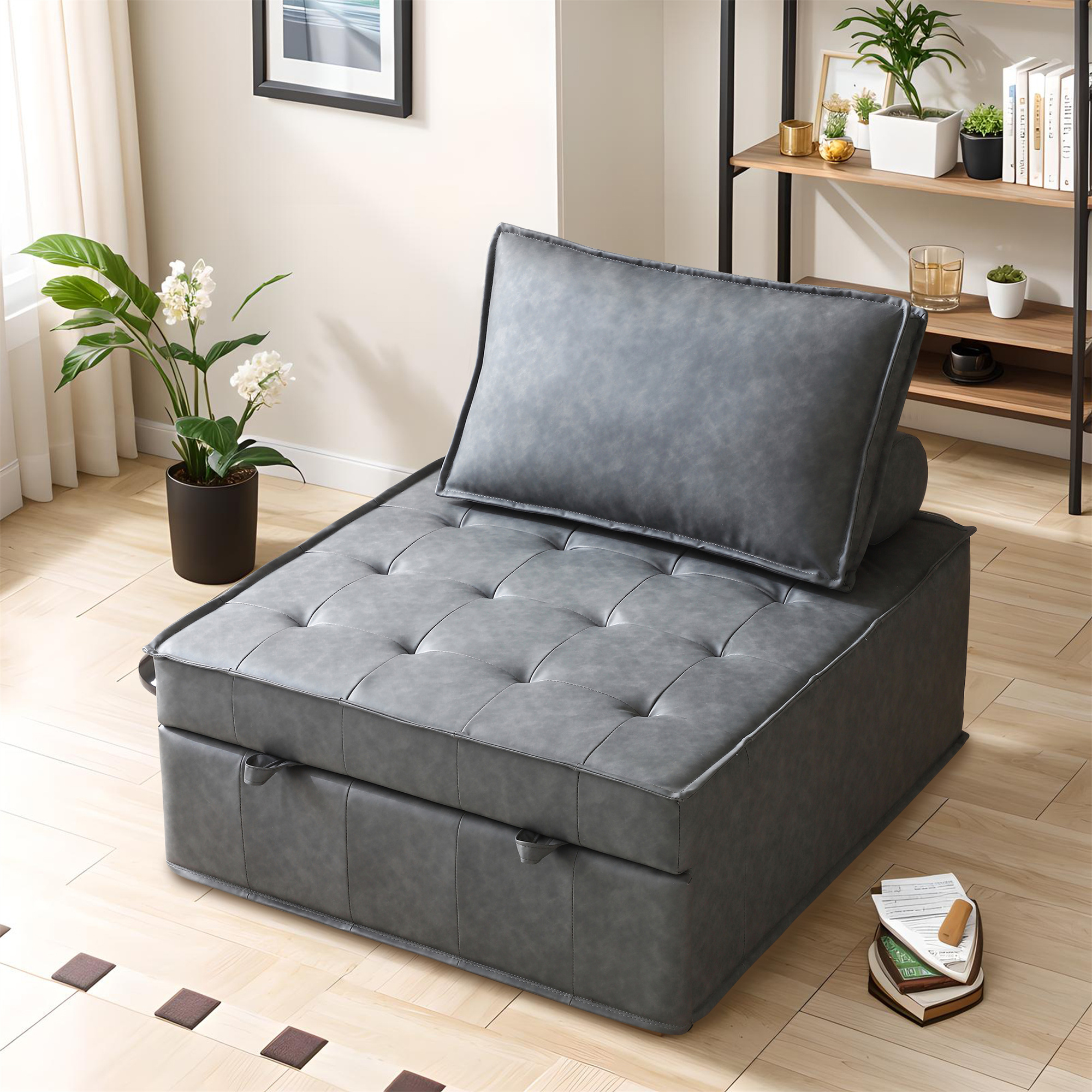 Gexpusm Pull Out Lazy Ottoman Sofa Bed with Removable Backrest, Small Faux Leather Convertible Sleeper Sofa for Living Room Apartment, Dark Grey