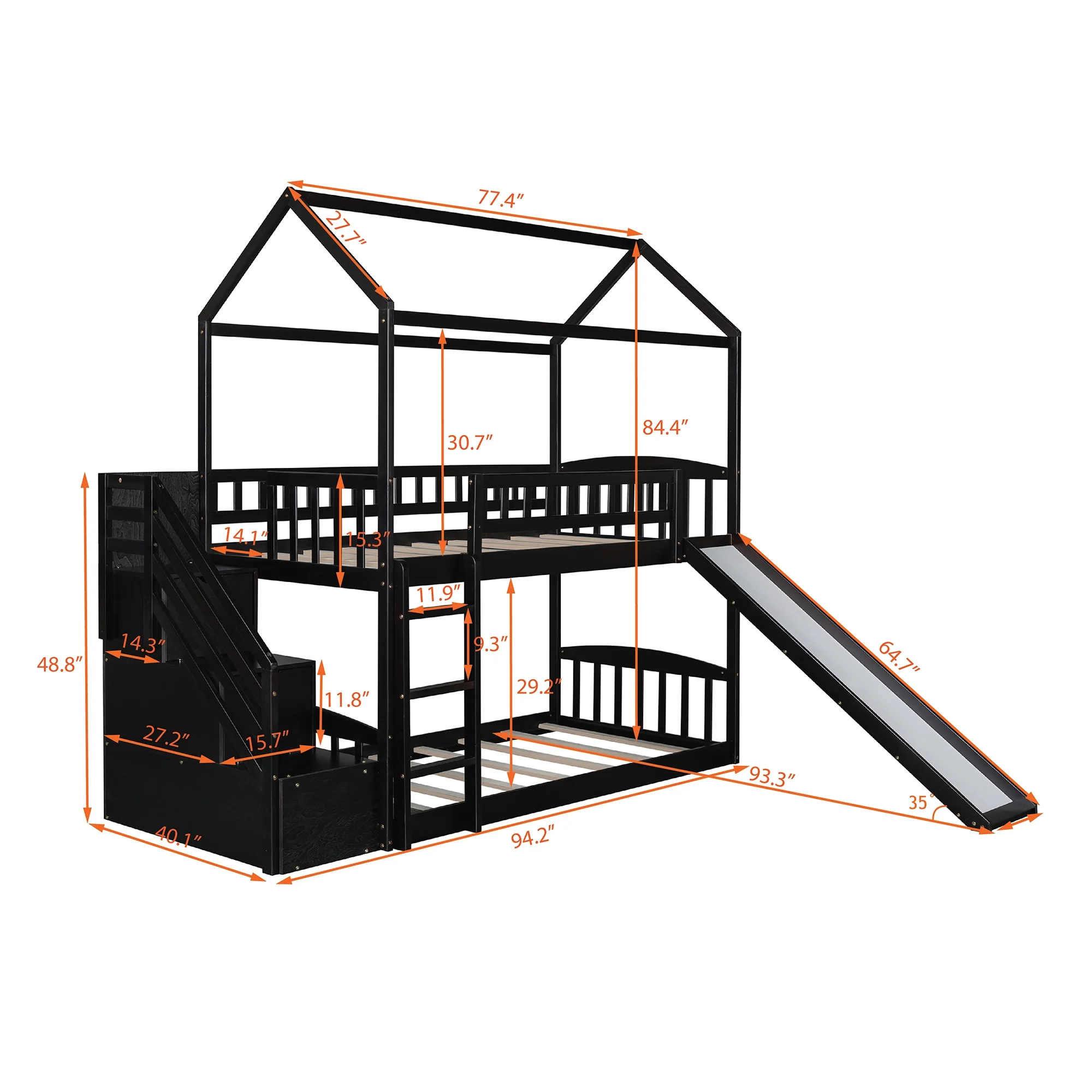 Espresso Twin Over Twin House Bunk Bed with Two Drawers and Slide