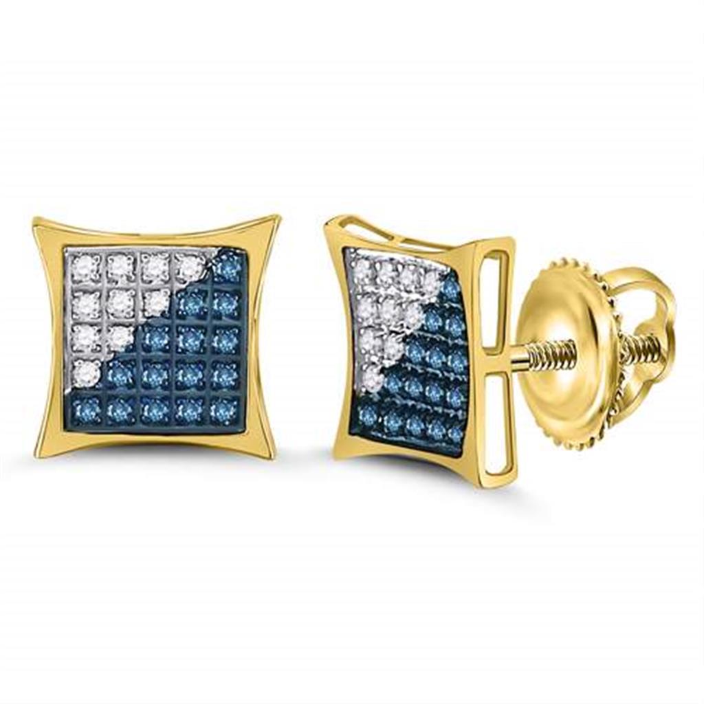 10k Yellow Gold Blue Diamond Square Kite Cluster Earrings 1/6 Cttw
