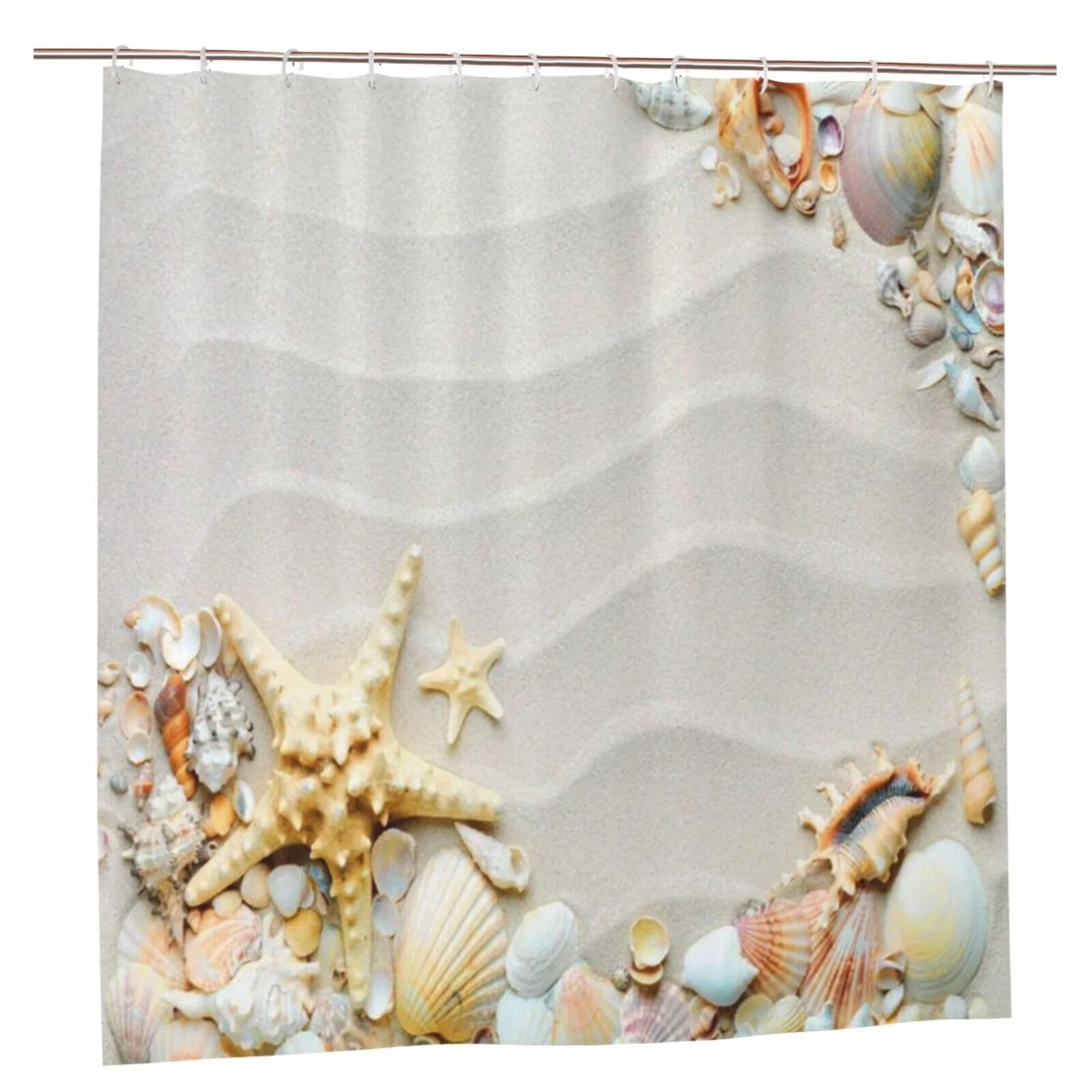 Starfish Shower Curtain, Seacoast with Sand with Colorful Various Seashells Tropics Aquatic Wildlife Theme Shower Curtain 72x72 in