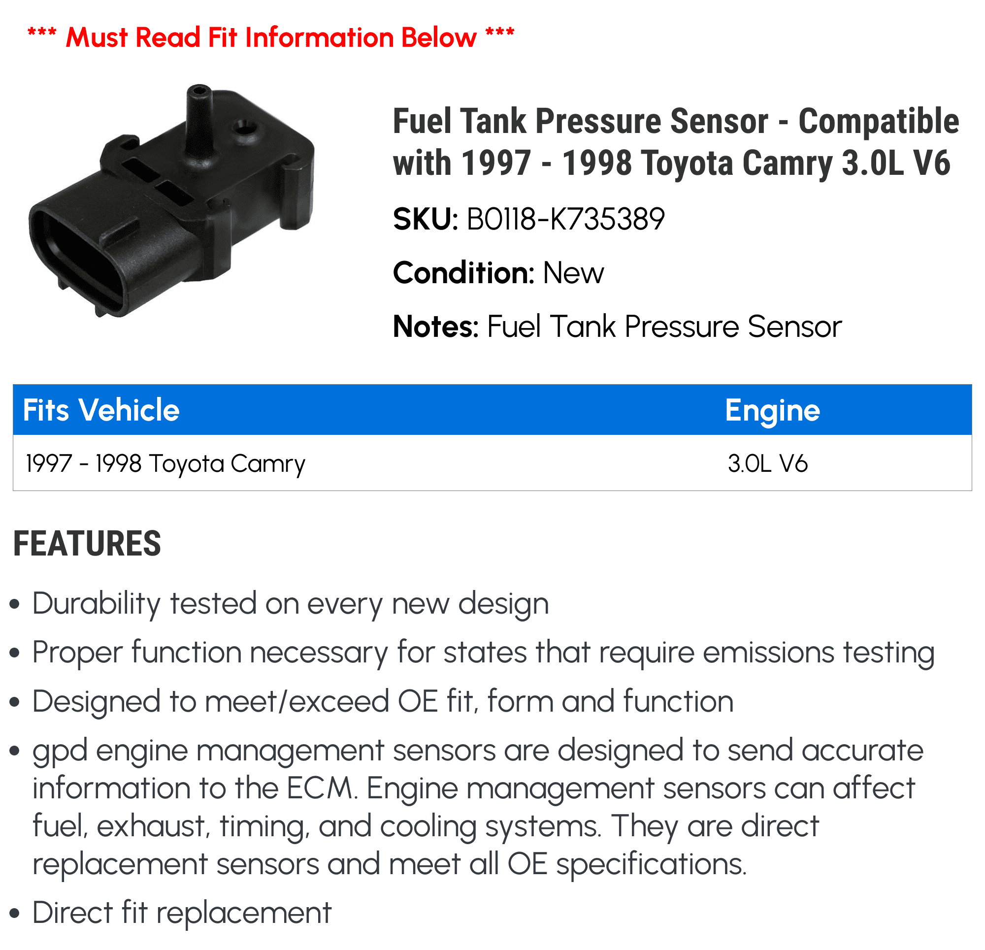 Fuel Tank Pressure Sensor - Compatible with 1997 - 1998 Toyota Camry 3.0L V6
