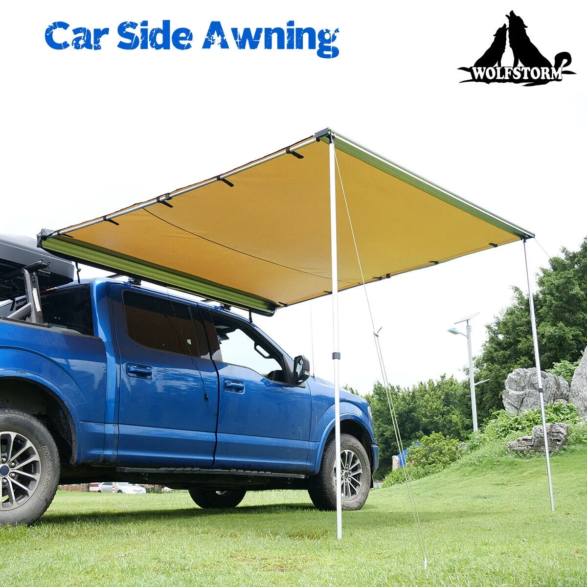 WOLFSTORM 6.6*8.2FT W/LED Outdoor Travel Sunshade Large Car Side Awning Rooftop Tent,Waterproof Pull-Out Car Side Awning for Off-Road Camping, Retractable Vehicle Tent Sun Shelter