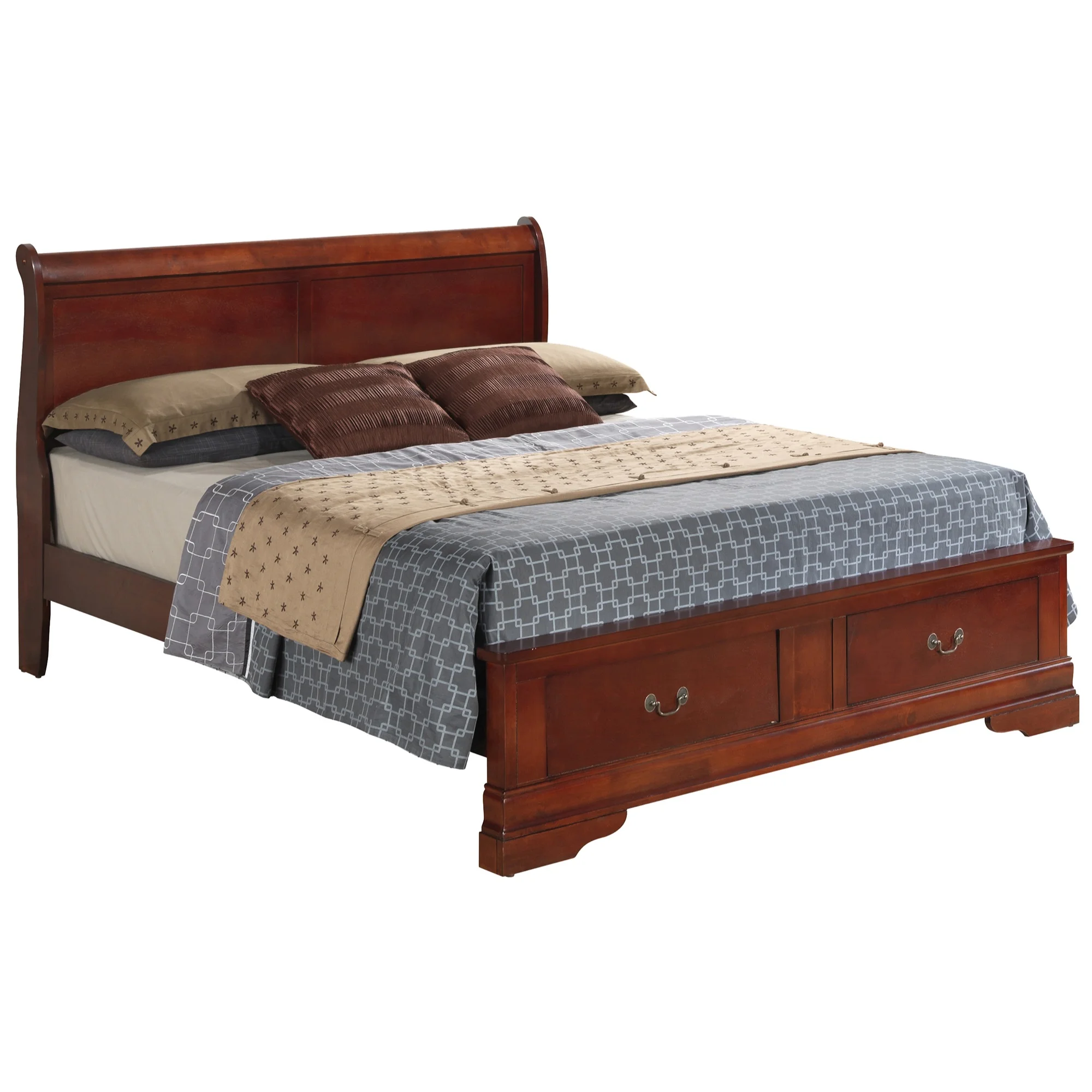 Passion Furniture PF-G3100D-QSB2 Louis Philippe Storage Sleigh Wood Bed, Cherry - Queen Size