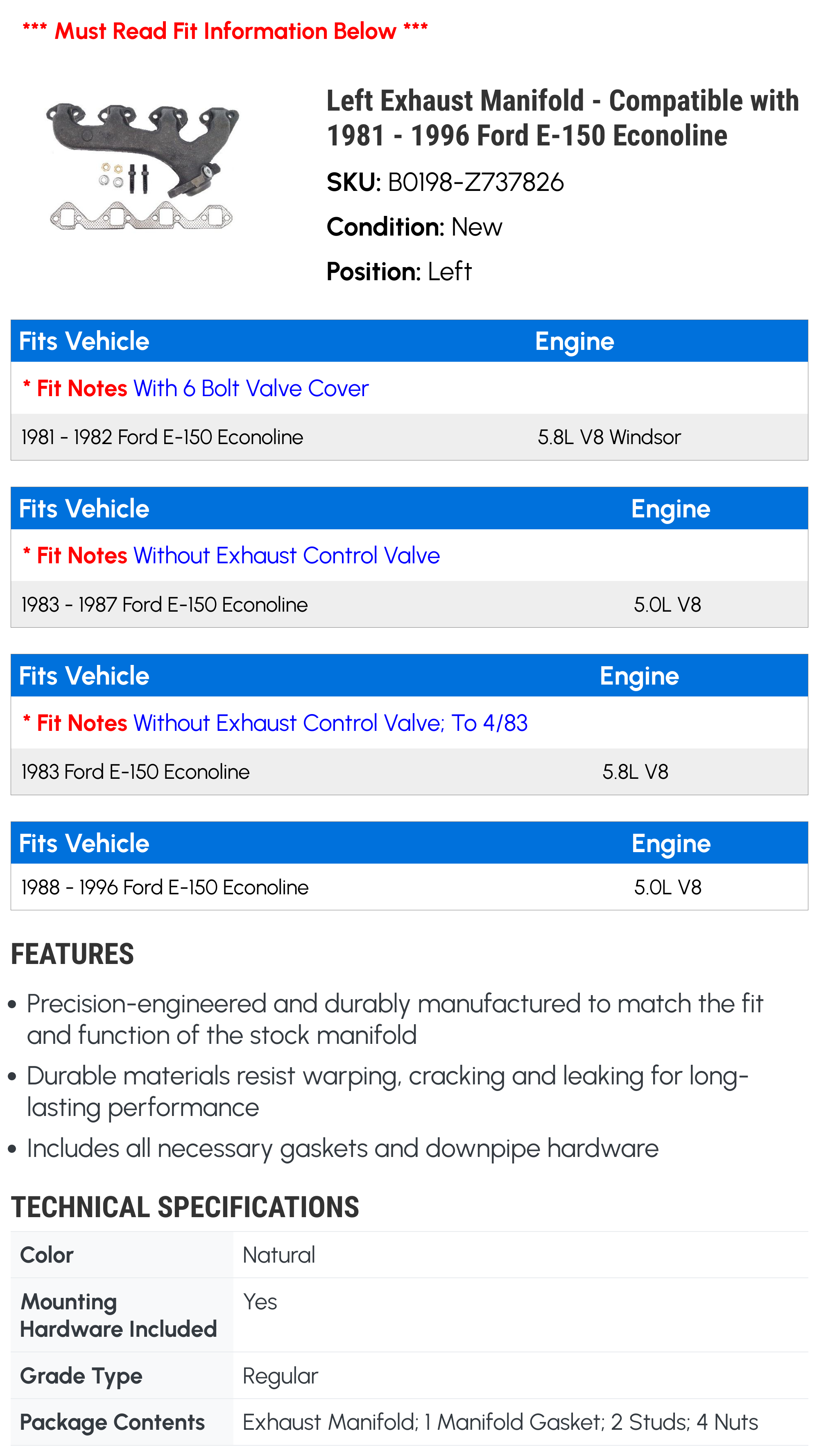 Left Exhaust Manifold - Compatible with 1981 - 1996 Ford E-150 Econoline 1982 1983 1984 1985 1986 1987 1988 1989 1990 1991 1992 1993 1994 1995