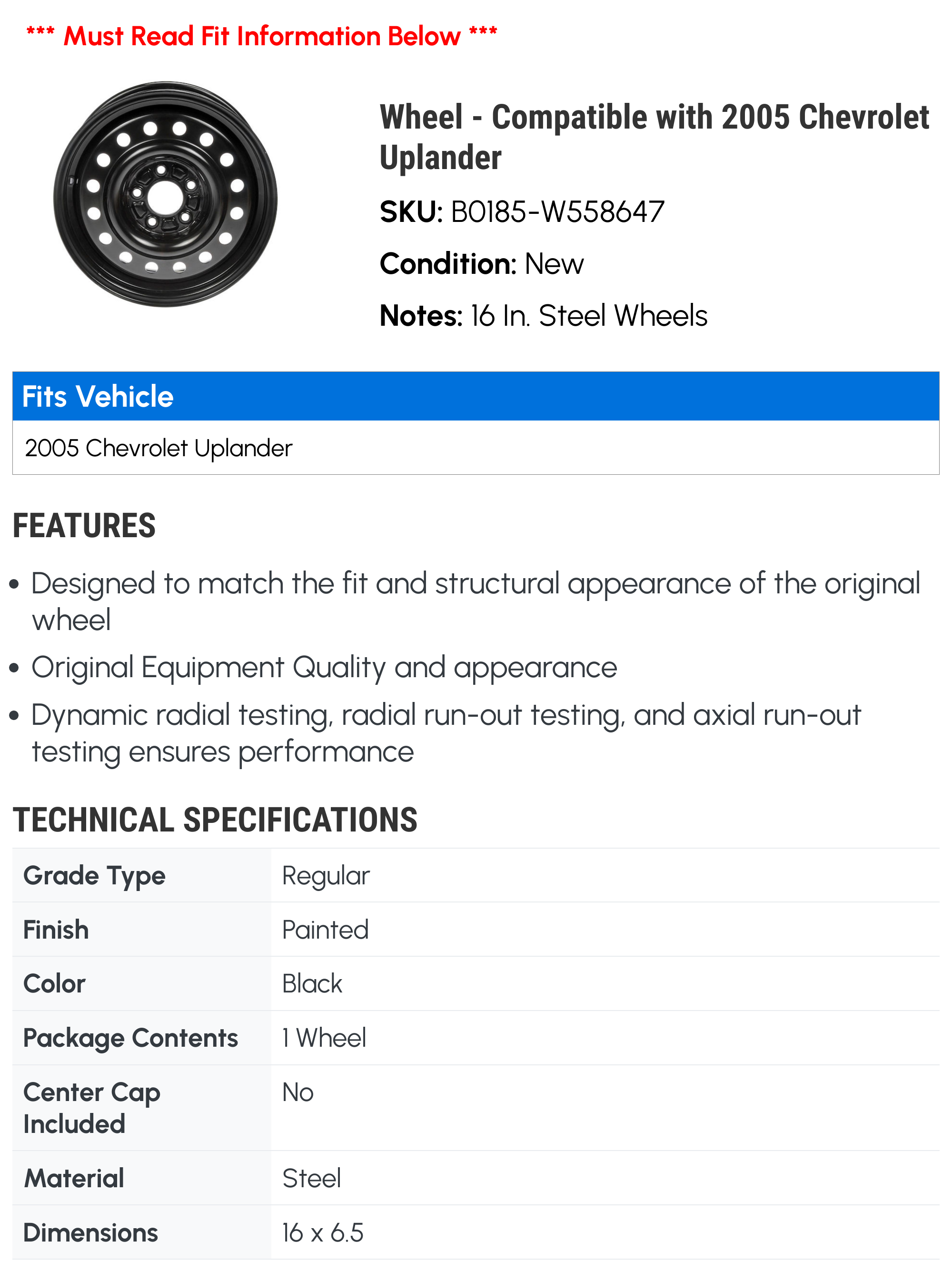 Wheel - Compatible with 2005 Chevy Uplander