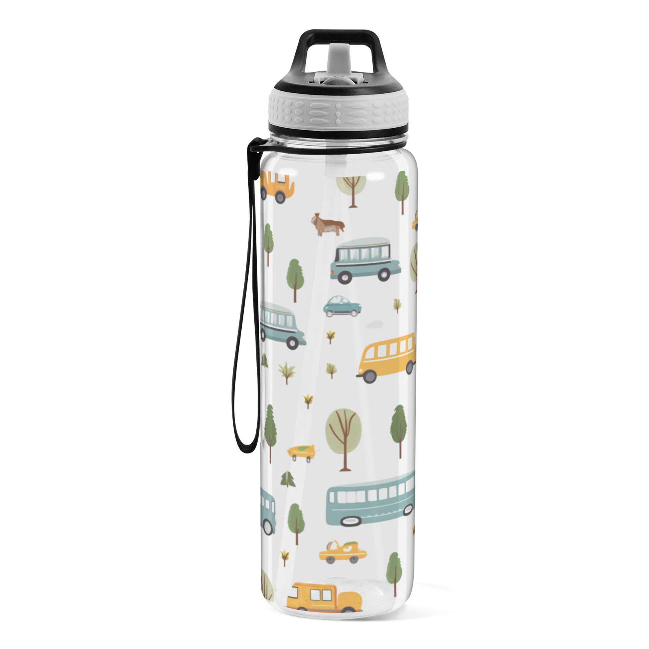 Bus Cute Vehicle 32oz Sports Water Bottles Leakproof Tritan Bottle with Straw BPA Free Clear Bottle for Fitness Gym Outdoor Cycling