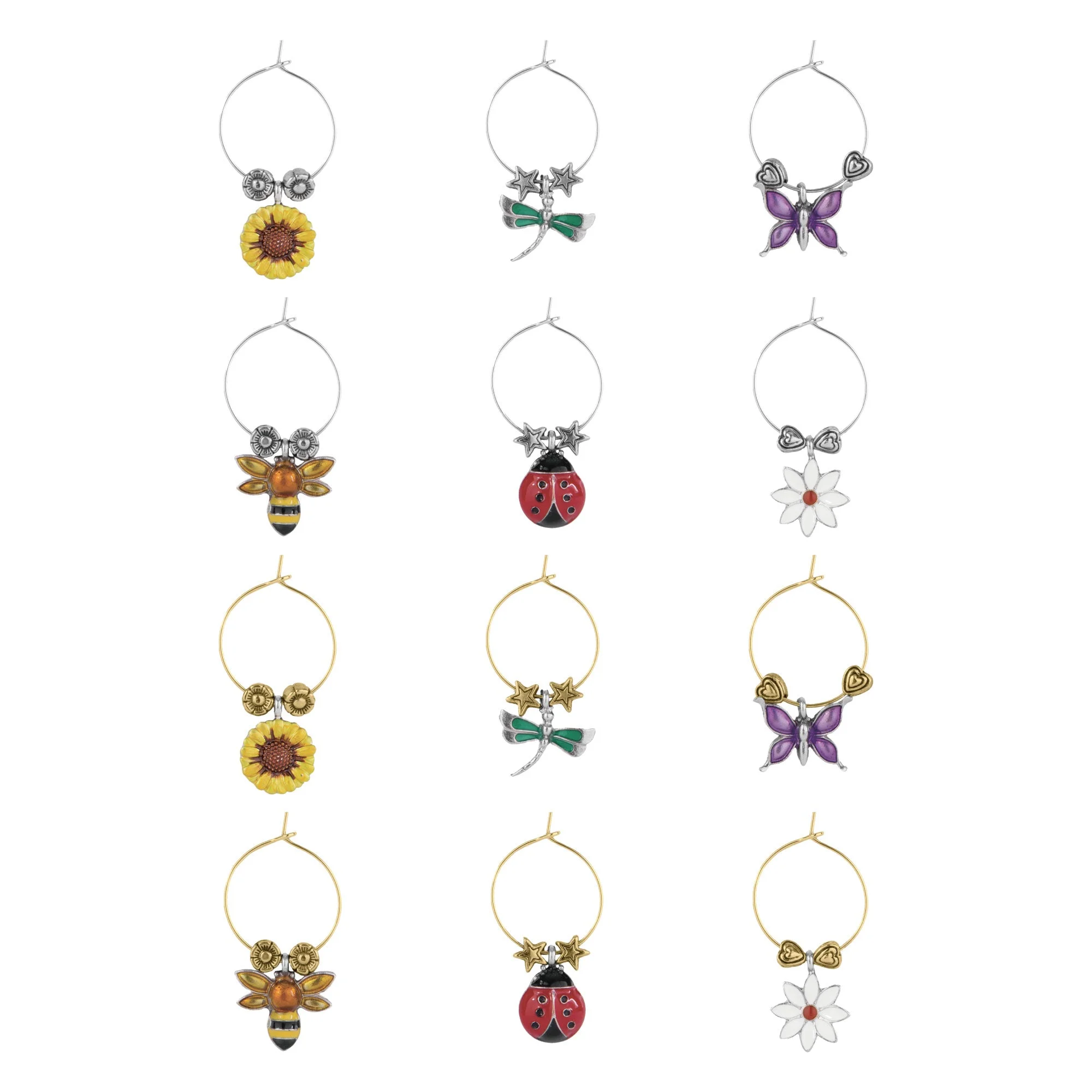 Wine Things 12-Piece Flowers & Friends Wine Charms/Wine Glass Tags/Drink Markers for Stem Glasses