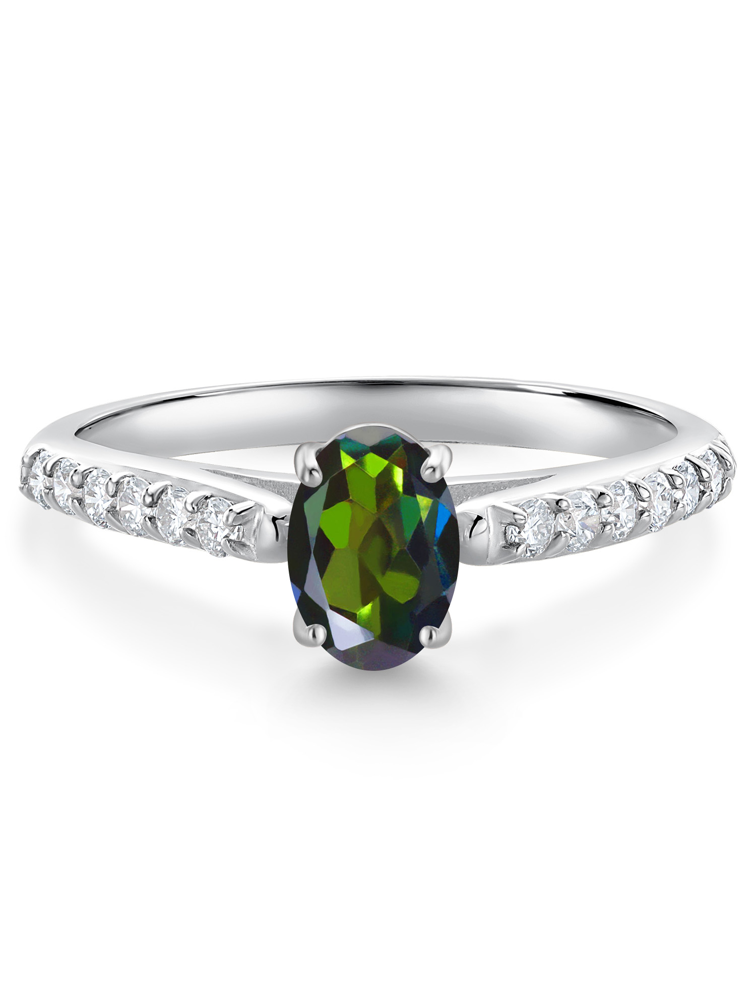Gem Stone King 10K White Gold Tourmaline Green Mystic Topaz and White Lab Grown Diamond Soitaire Engagement Ring For Women (0.98 Cttw, Oval 7X5MM, Gemstone Birthstone, Available In Size 5, 6, 7, 8, 9)