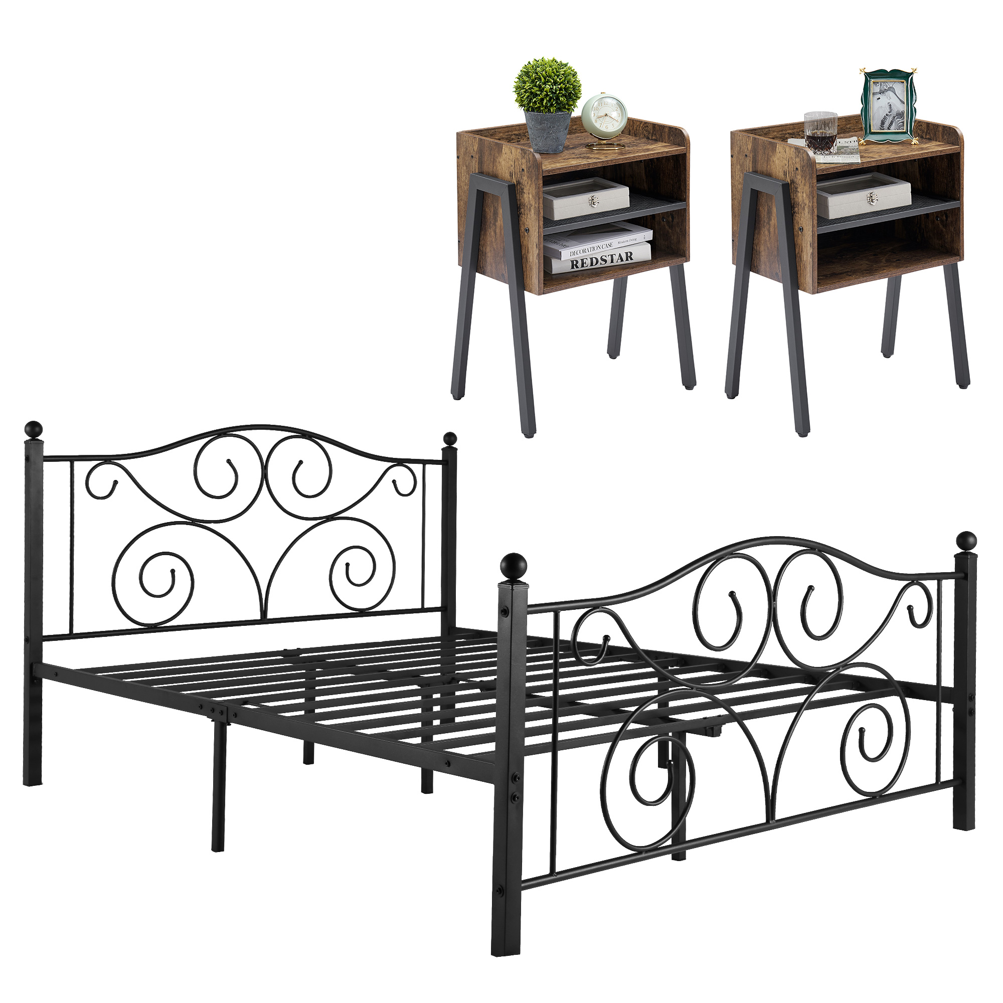 VECELO 3-piece Bedroom Set Full Size Metal Platform Bed Frame and 2 Stackable Nightstand