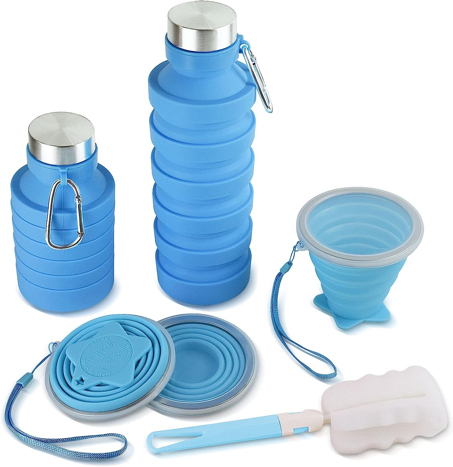 Collapsible Water Bottles, BPA-Free Silicone Travel Mug, Reusable Water Bottle, Cold and Heat Resistant, Leak-Proof Sports Water Bottle Set with Carabiner, Blue/1 Bottle(800ml)+1 Cup(270ml)